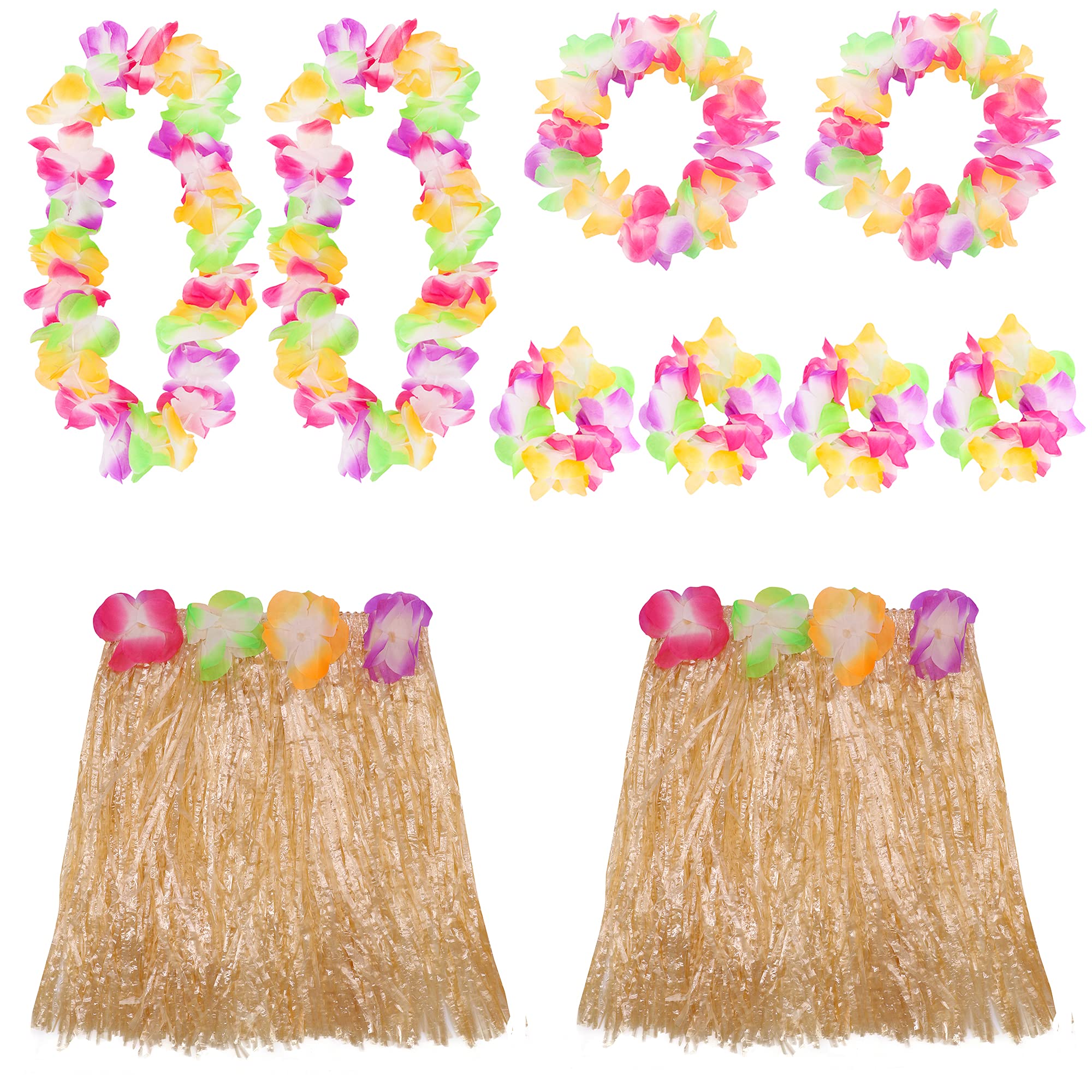 Blue Hawaiian Hula Skirt and Lei Set X12 - Flower Necklace, Headband and Bracelet - 30cm Grass Hula - Luau - Fancy Dress Costume Accessory