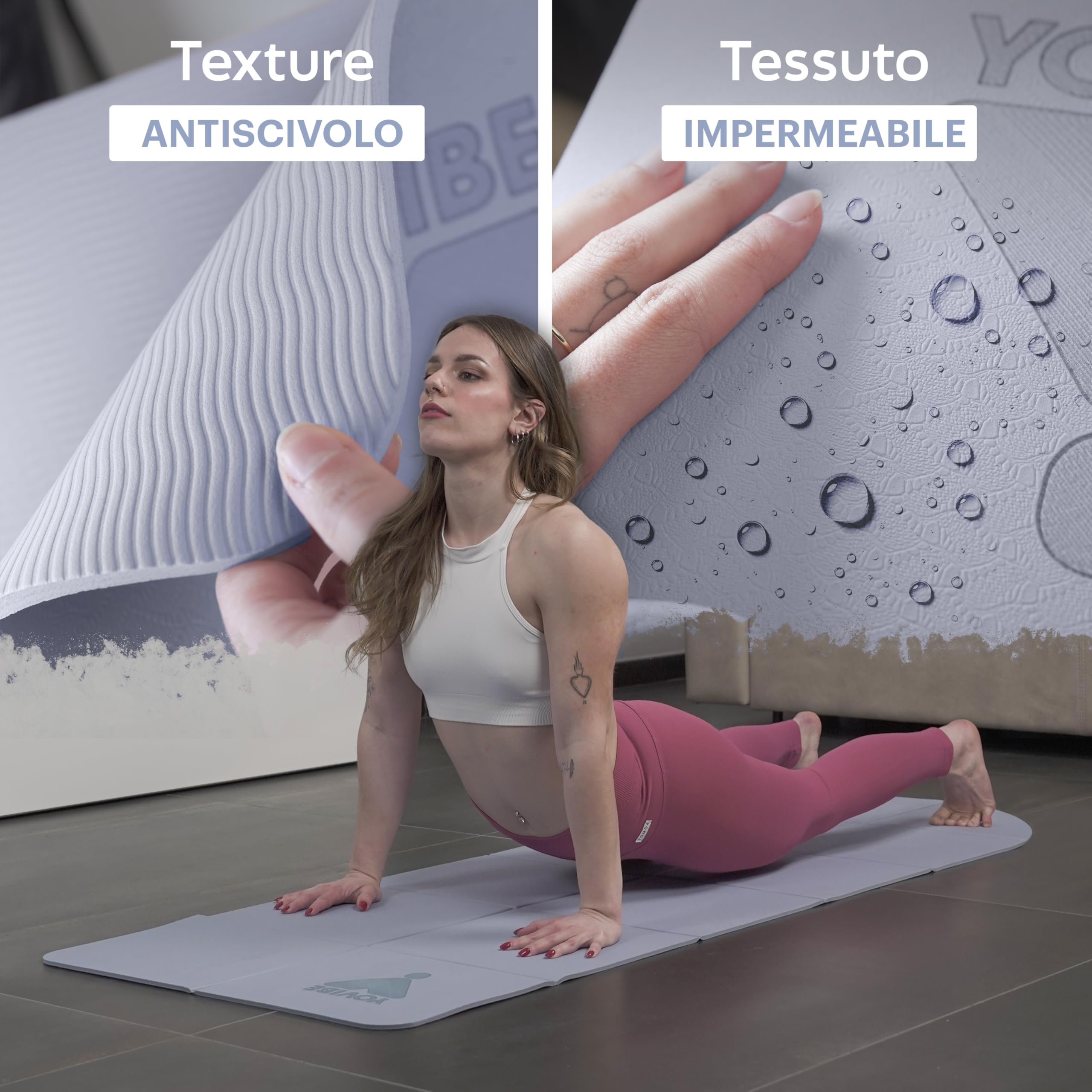 YoVibe - Tappetino Yoga Antiscivolo Professionale con Telo Fitness e Sacca Sportiva - Tappetino Pilates Pieghevole Antiscivolo e Impermeabile 183x60 cm