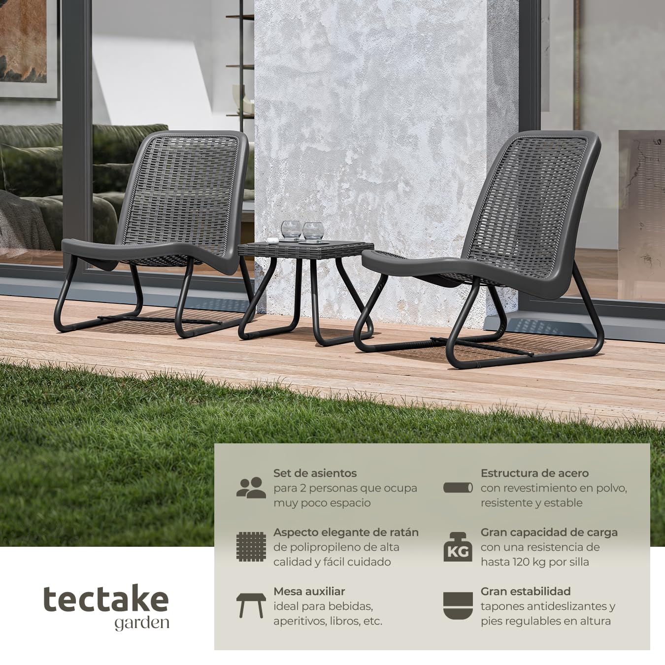 tectake® Conjunto de Sillas de Jardín con Mesa Auxiliar, Ratán, Acero Recubierto, Antideslizante, Mobiliario Jardin, Conjunto Jardin Terraza, Sillones Jardín Exterior, Butacas Jardin - Gris