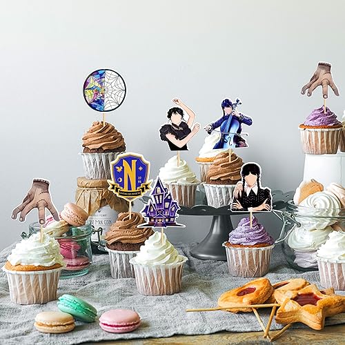 Miniatura 4 de Ercadio Paquete de 35 adornos para magdalenas con purpurina para el día de los miércoles para magdalenas, mano mágica, castillo de murciélago negro,