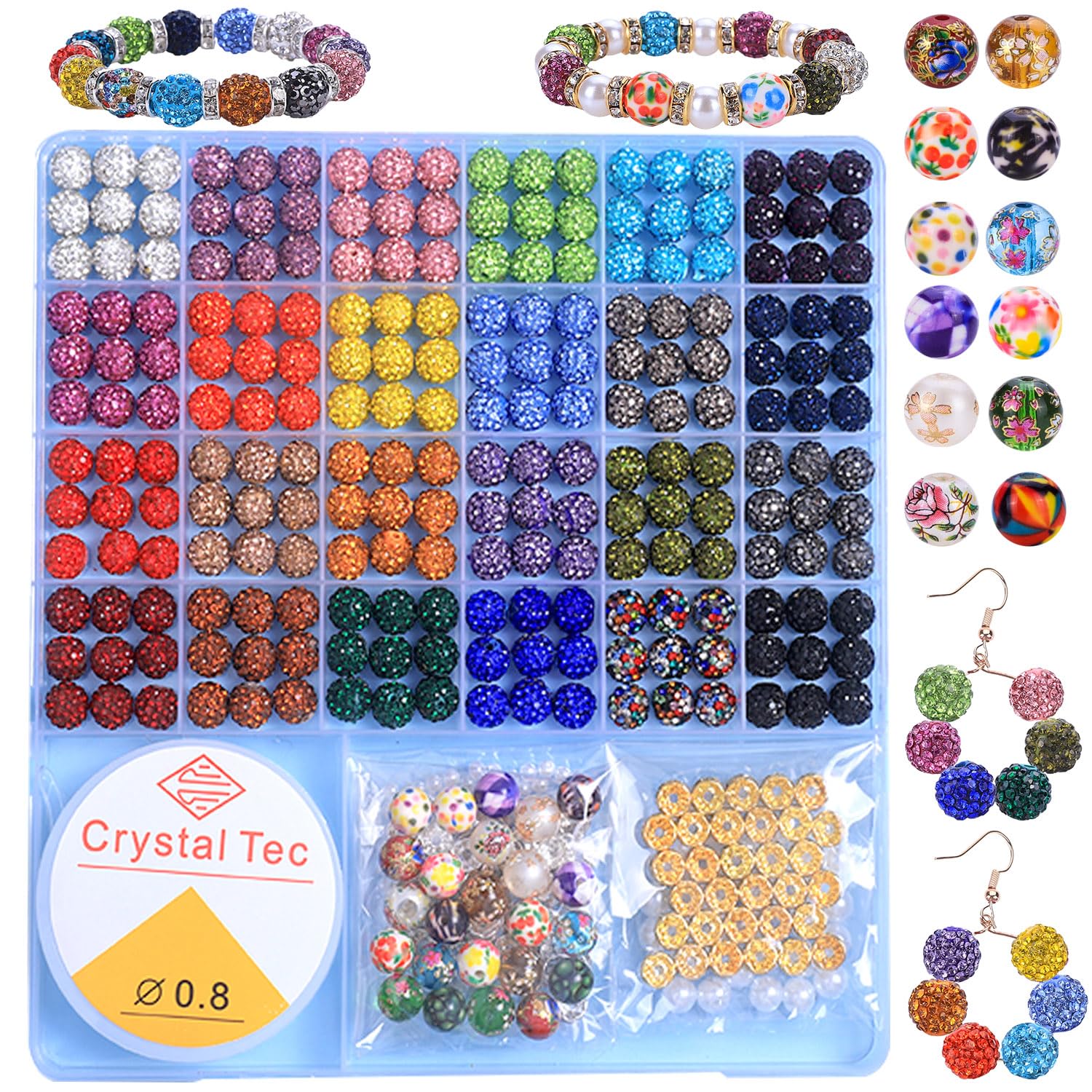 AIPRIDY Jewelry Making Beads Set, 590 PCS 10mm Round Mixed Color Rhinestone Clay Beads with Pearl and Floral Beads for DIY Bracelets, Necklaces