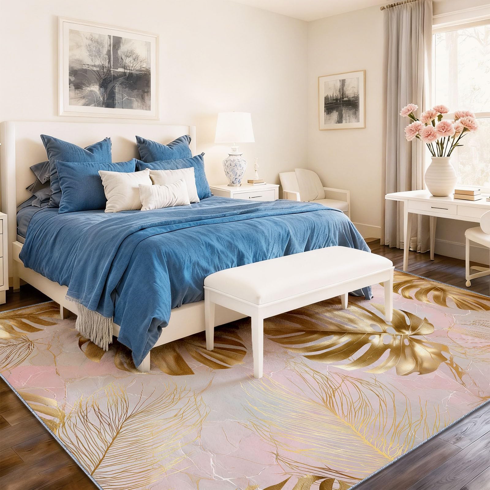 Générique Tapis Salon à Poils Rose Or 160 x 230 cm - Lavable en Machine Antidérapant Moquette, Moderne Luxe Marbre Feuille De Palmier Tapis Poil Ras Doux et Facile d'entretien pour Salon Chambre