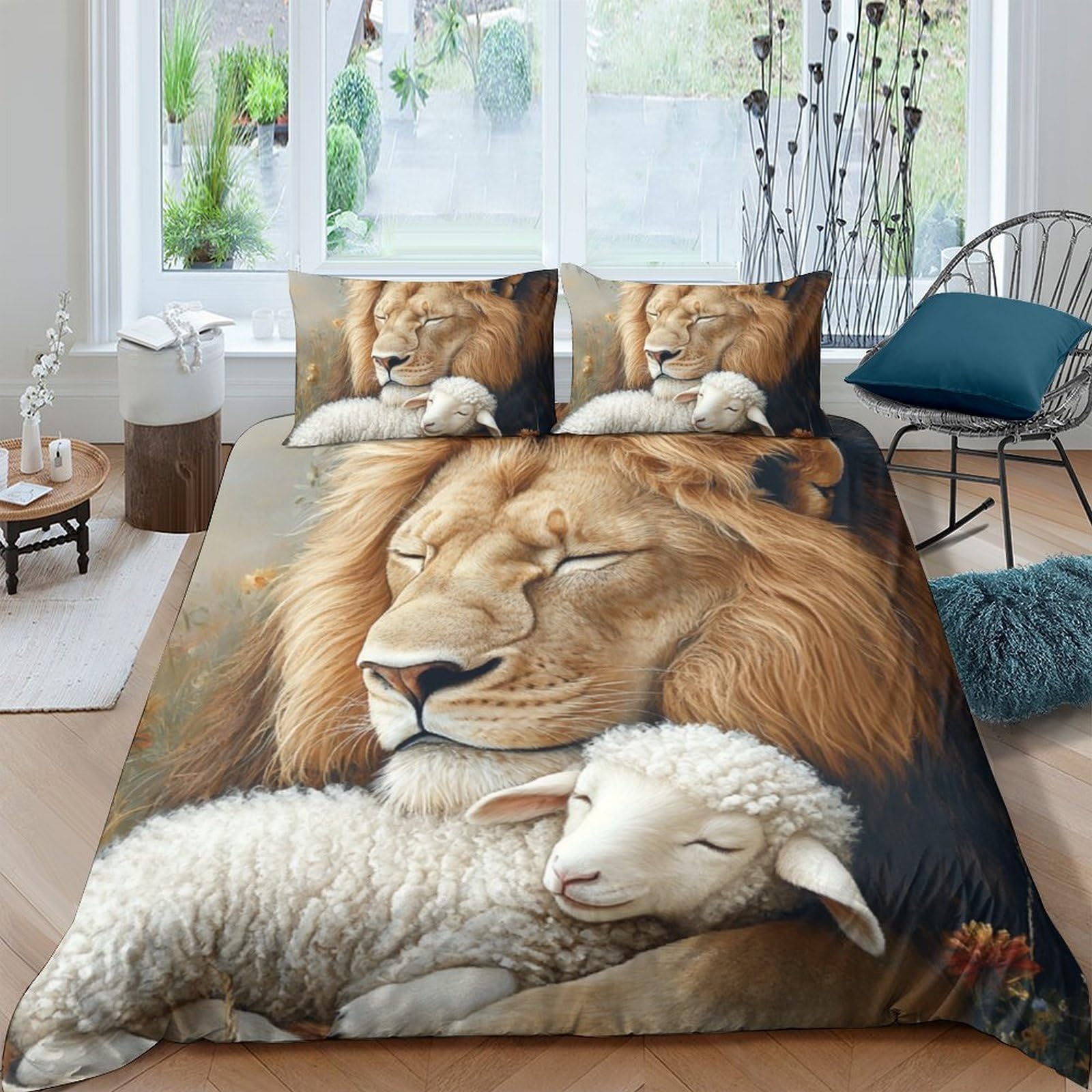 Ctjqhvkz Style-1 3D Printed Lion And Lamb Fitted Sheet Microfiber Soft Non-Slip Bed Cover For Bedroom Dorm Mattress Decor Single（135X200cm）