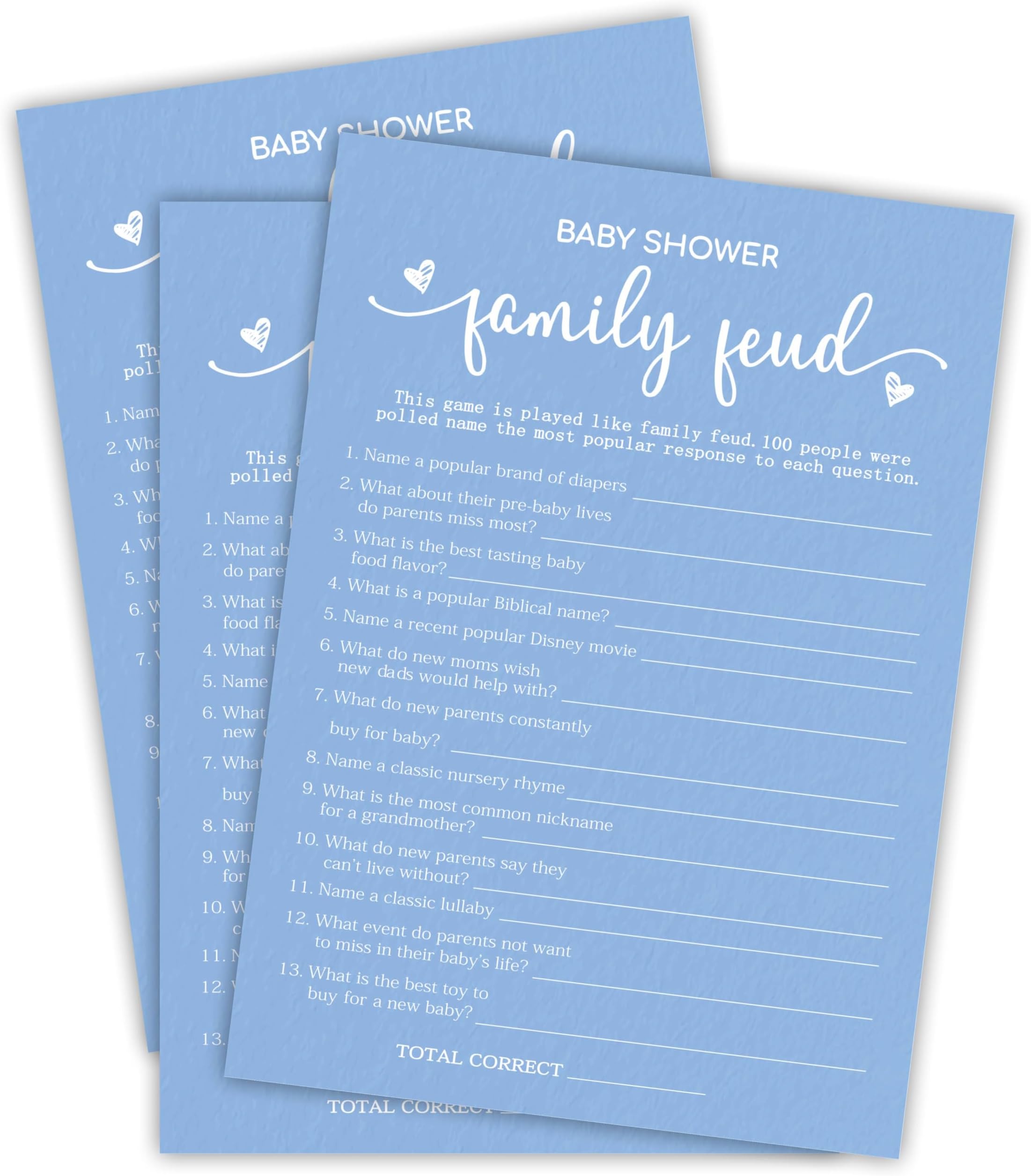 EXW Baby Shower Games, Family Feud, Double-sided Filling Blue Minimalism Game Cards, Funny Baby Shower Games, Baby Shower Party Supplies & Decorations, 30 game Cards & 1 Answer Card -B08