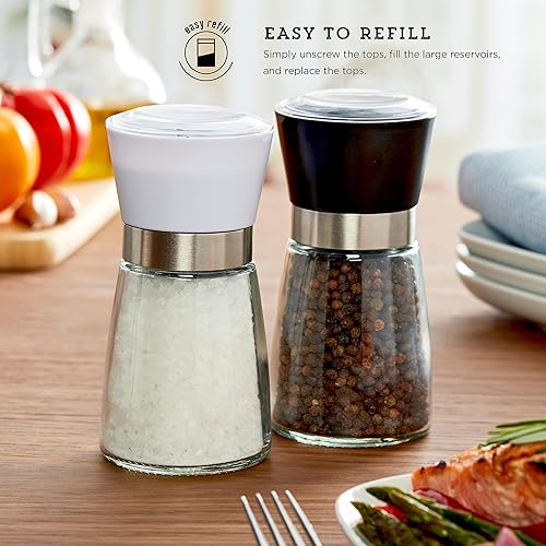 Miniatura 5 de Kamenstein Molinillos de especias de vidrio con mecanismo de cerámica ajustable, juego de 2 molinillos de sal y pimienta precargados para uso en