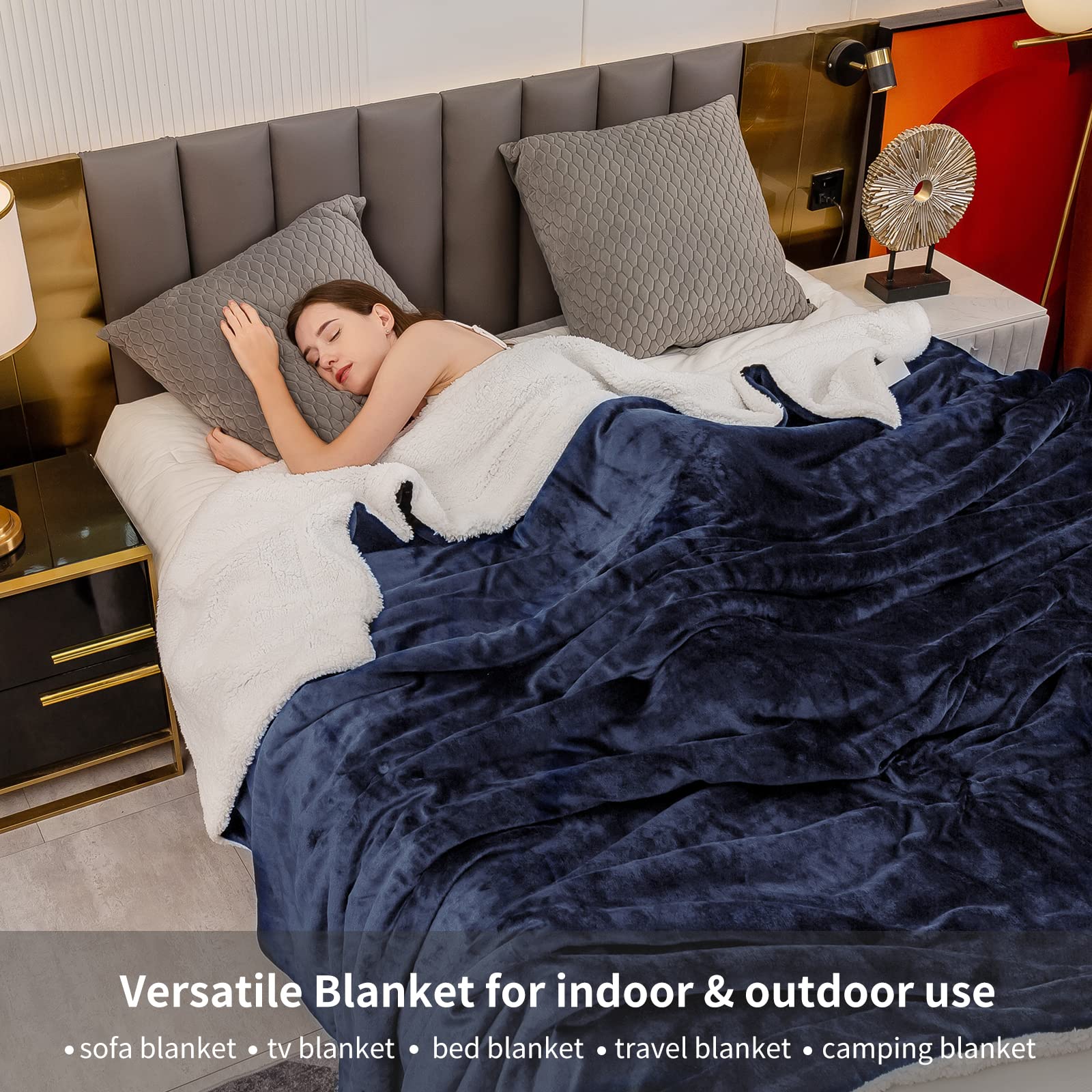 Aisbo Plaid Coperta Pile Matrimoniale - Coperta Calda Invernale per Divano e Grande Letto Matrimoniale 220x240 cm Pile di Flanella e Sherpa Morbida Blu Navy, Sherpa Blanket for Sofa and Couch