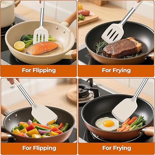 Miniatura 2 de Juego de 2 espátulas de silicona sólidas y ranuradas, para voltear huevos, panqueques de pescado, a prueba de arañazos para sartenes antiadherentes,