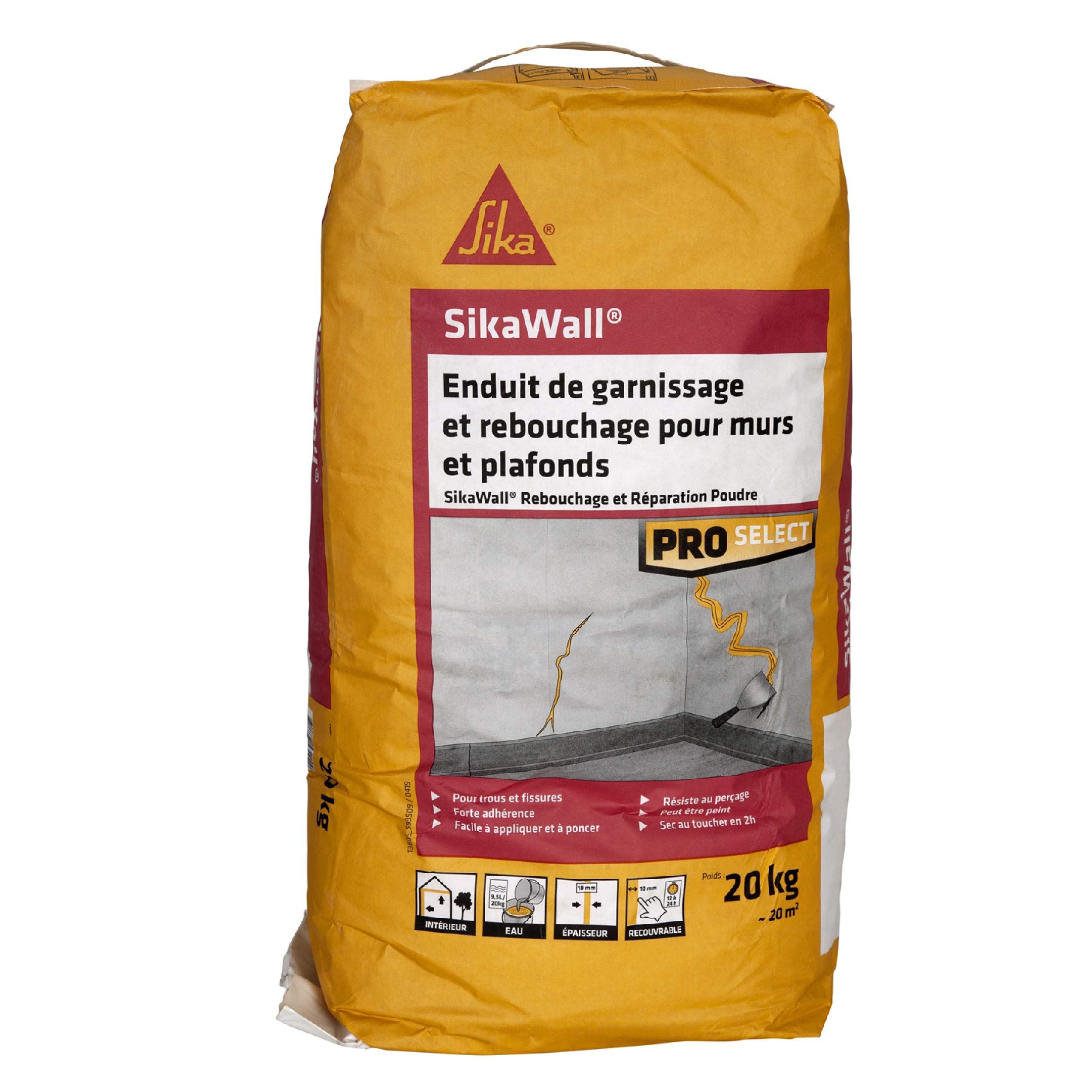 SikaWall Enduit de Garnissage Rebouchage murs et plafonds en poudre, 20kg ~ 20m²