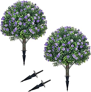 Artificial Boxwood Topiary Ball Trees with Purple Flowers Outdoor