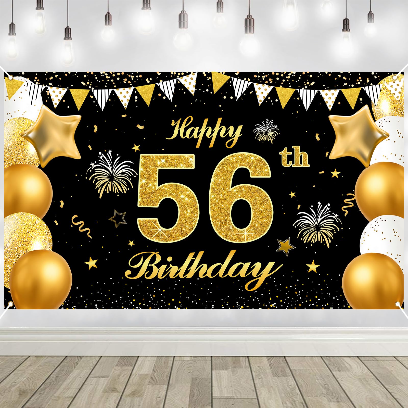 56th Birthday Decorations Banner Gold Black Happy Birthday Door Banner for Party Photo Backdrop for Men Women Home Outdoor Cover Party Decoration Supplies Poster