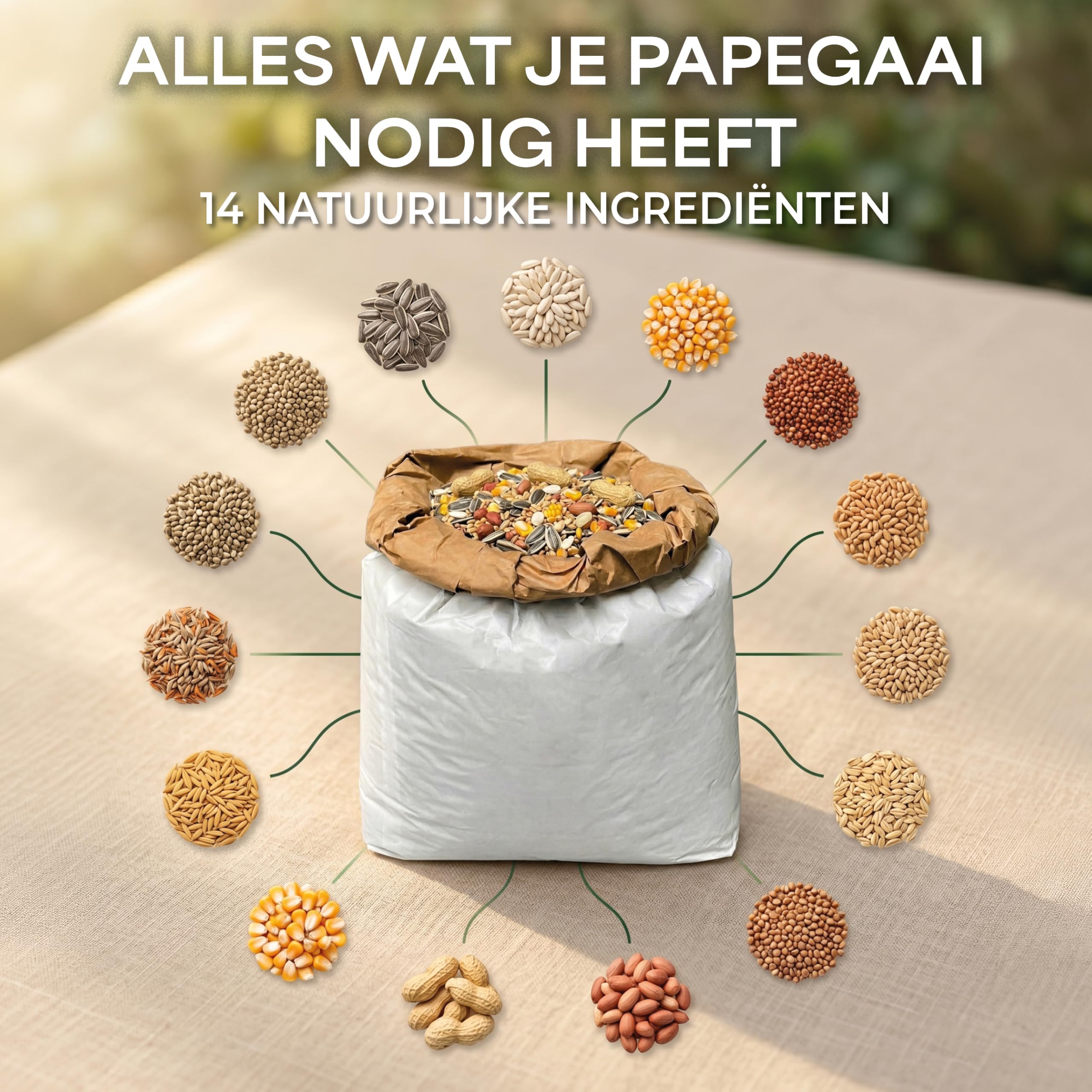 Mélange de graines pour perroquets 15 kg Ara cacatoès amazoniens cacahuètes pépins de soleil 14 ingrédients naturels Emballage économique