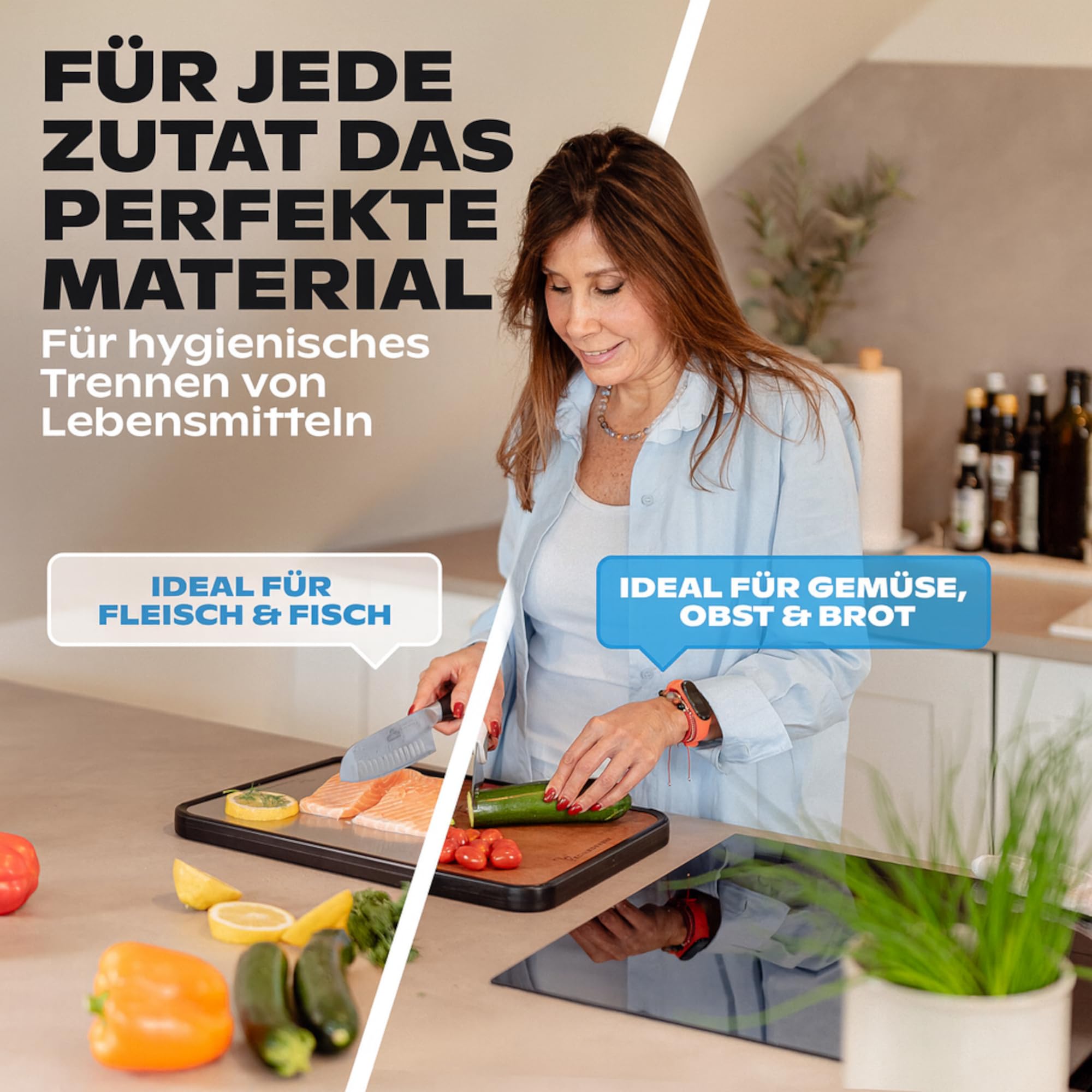 Doppelseitiges Schneidebrett Holz & Edelstahl – 2-in-1 Küchenbrett | Rutschfestes Cutting Board, Groß mit Saftrille & Anti-Slip-Rahmen | Schneidewerk