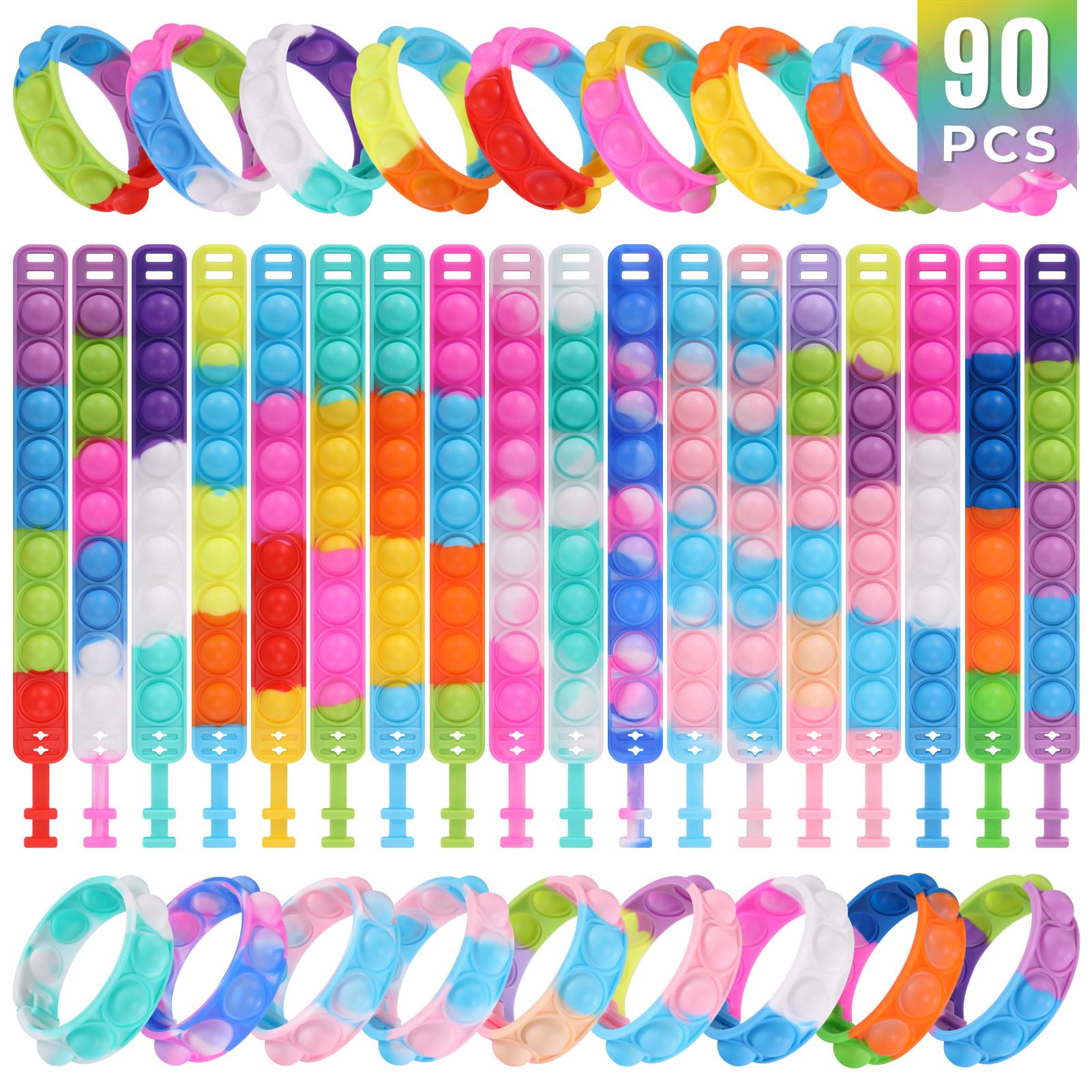 90 Pcs Kids Party Favors Pop Fidget Toys Bulk Its Fidget Bracelet It Birthday Party Favors for Kids Goodie Bags Stuffers Classroom Prizes Bubble Poppers Toddlers Toy for Students Girls Boys Cheap