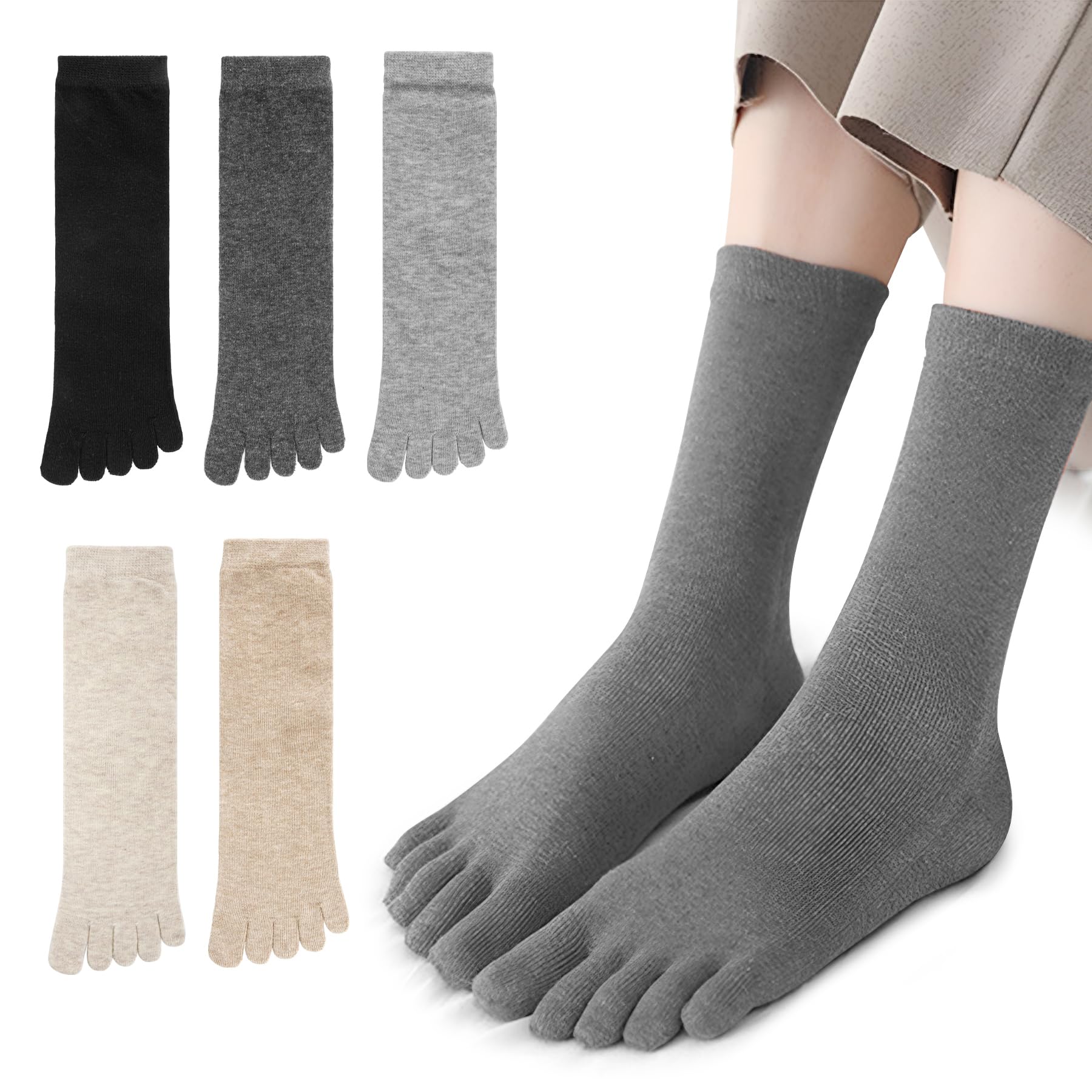 5 pares de calcetines de algodón para mujer, calcetines de cinco dedos para correr, desodorantes y absorbentes del sudor, calcetines de cinco dedos, transpirables, color sólido, calcetines para mujer