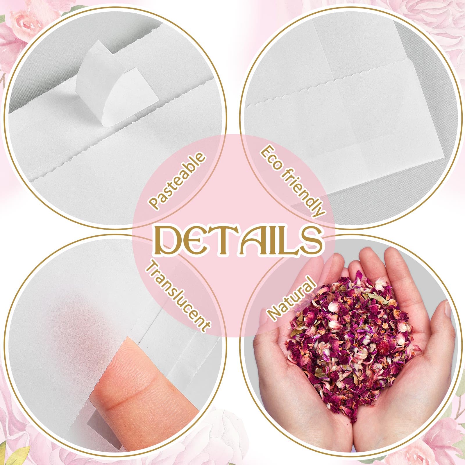 Tenare 100 Sets Wedding Confetti Bags Kit for 90-100 Guests Includes 360g Natural Dried Flower Dried Rose Petals Glassine Envelopes Paper Confetti Bags with Pattern for Wedding Anniversary - Image 3