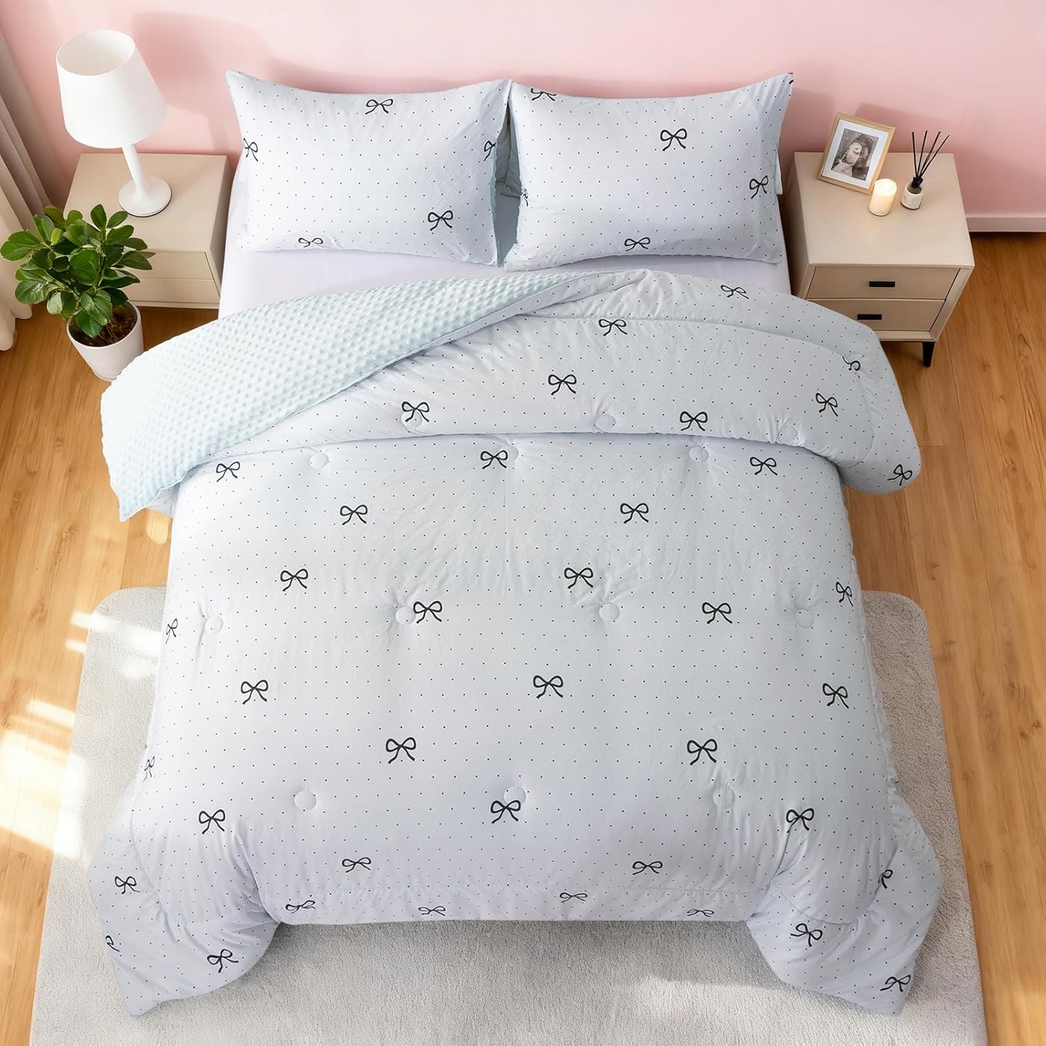 Btargot 3 Piece Blue Bow Tie Comforter Set for Girls Boys Kids, Polka Dot Bowknot Bean Fannel Bedding Set, Queen Size