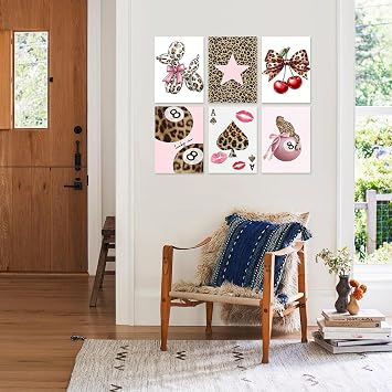 6Pcs Leopard Print Posters for Bedroom, Cheetah Room Decor with Cherry Bow 8-Ball, Unframed Canvas Prints for Wall, Retro Aesthetic Room Decor for Girls, Wild Wall Art for Living Room, Bar & Cafe