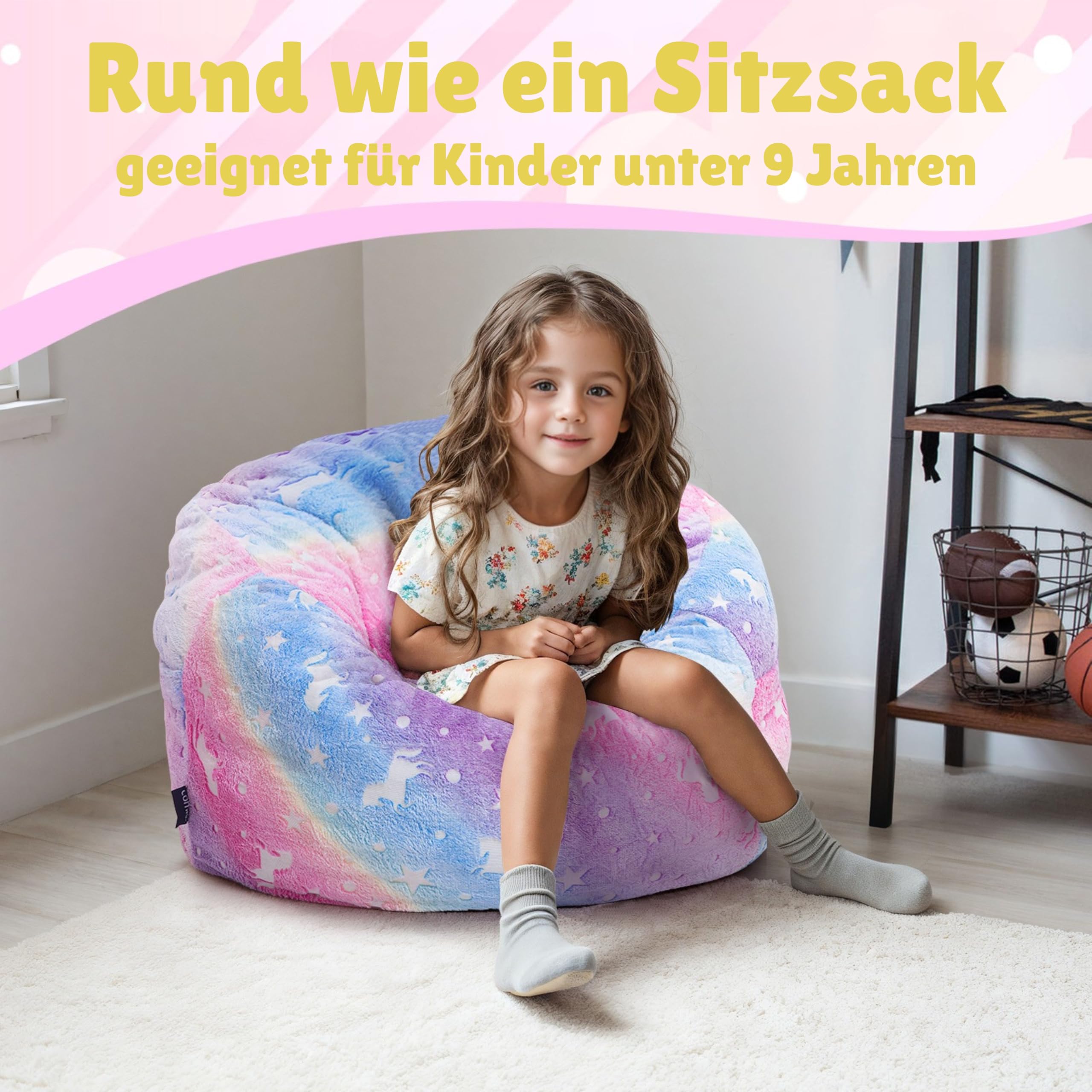 MeMoreCool Sitzsack für Kinder Flauschig mit Füllung, Kinder Sessel Sitzsackbett, umwandelbarer Sitzstuhl in Bodenmatratze, Sitzsäcke fürs Kuschelecke Kinderzimmer für Mädchen und Jungen, Regenbogen