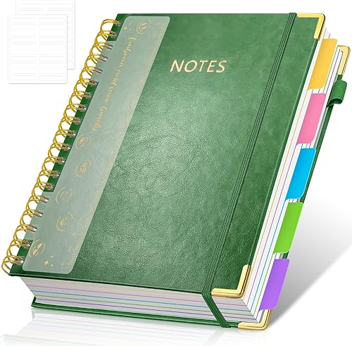 Cuaderno en espiral de tapa dura, cuadernos B5 grandes de 8 x 10 pulgadas con pestañas divisorias extraíbles, 300 páginas de cuero de 5 materias,