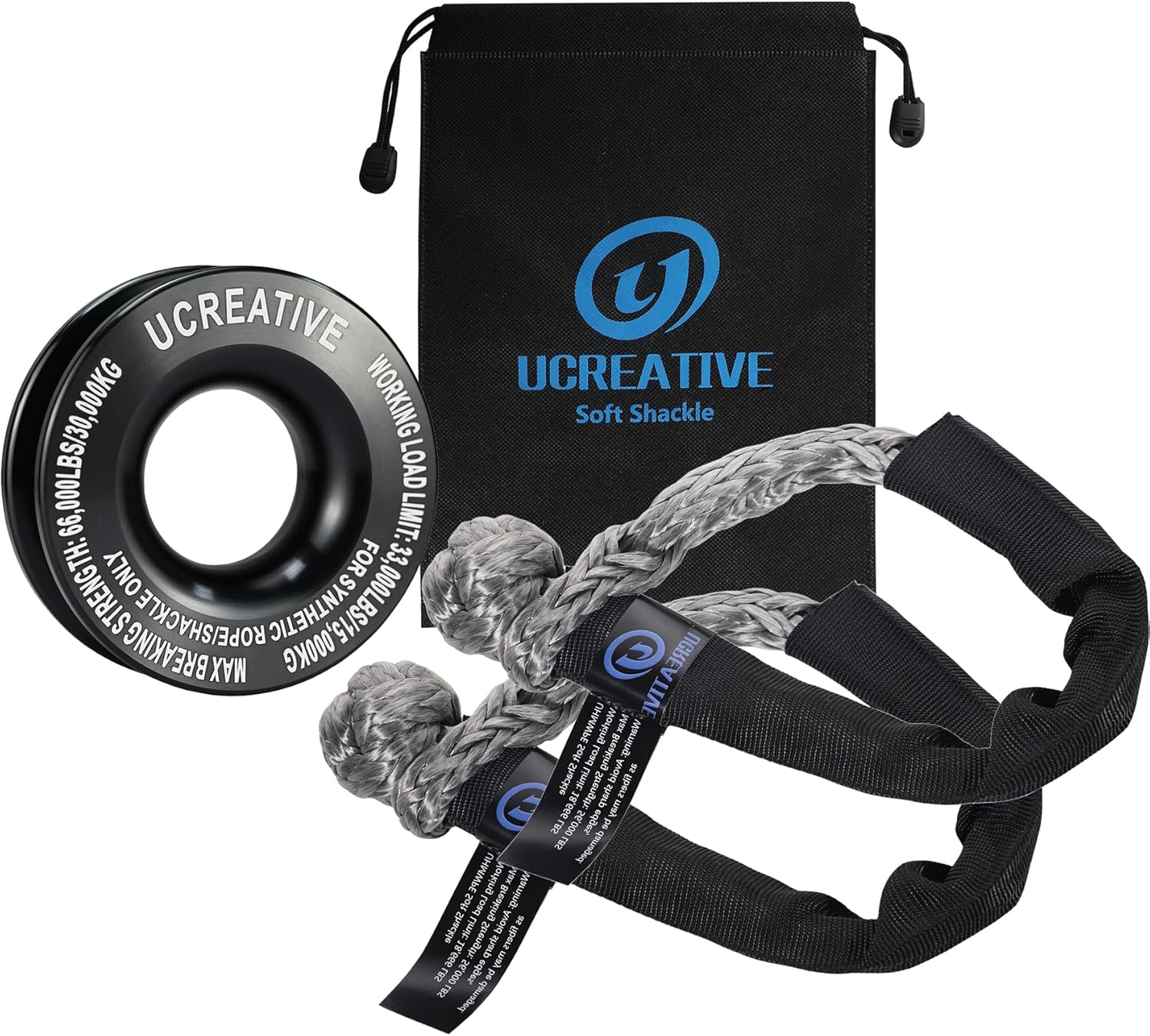Ucreative Black Recovery Ring and 2PCS Gray Soft Shackle (1/2 Inch x 22 Inch) kit for Synthetic Winch Rope for ATV UTV SUV Truck Off-Road Vehicle Recovery