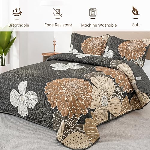 Miniatura 4 de Juego de edredón tamaño Queen con estampado floral azul, colcha de 3 piezas, elegante colcha bohemia con 2 fundas de almohada, juego de edredón