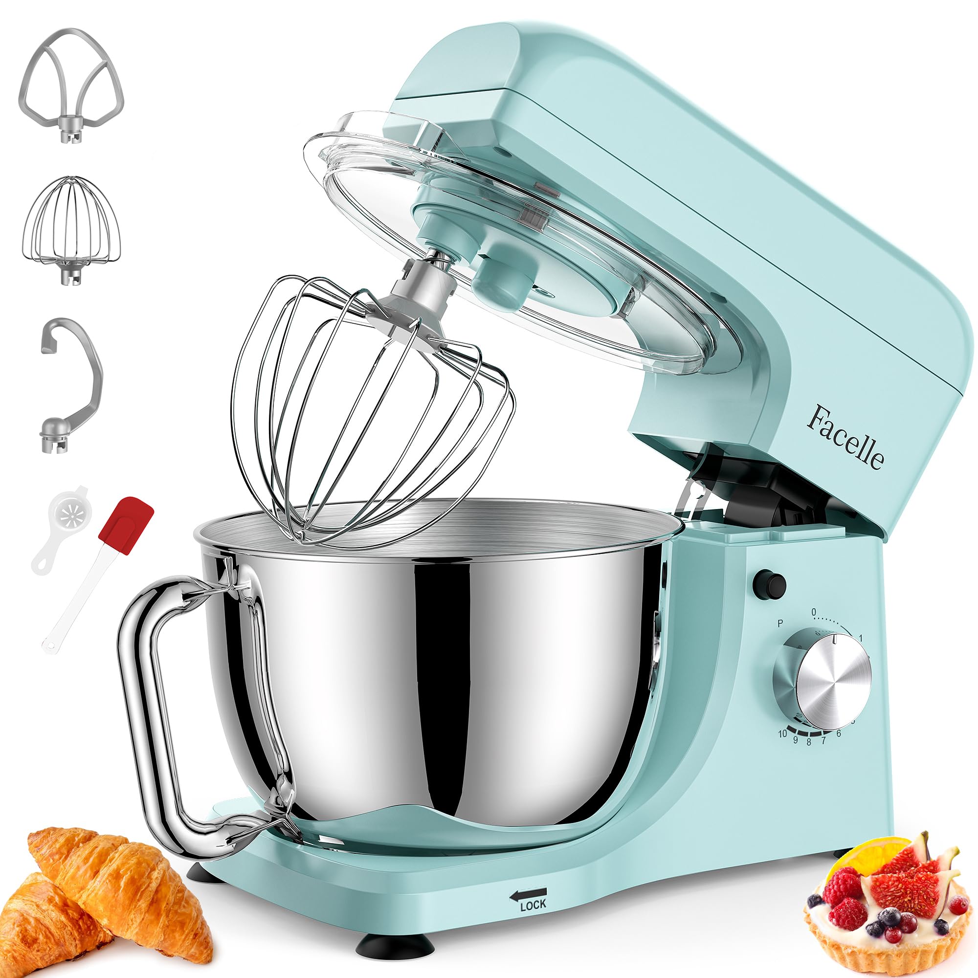 Impastatrice Planetaria, Facelle 1300W 10 Velocità con Impulso Planetaria Professionale, Impastatrice Planetaria Offerta con Vasca in acciaio inox da 5,5L, Gancio Impastare, Flat beater e Frusta (Blu)