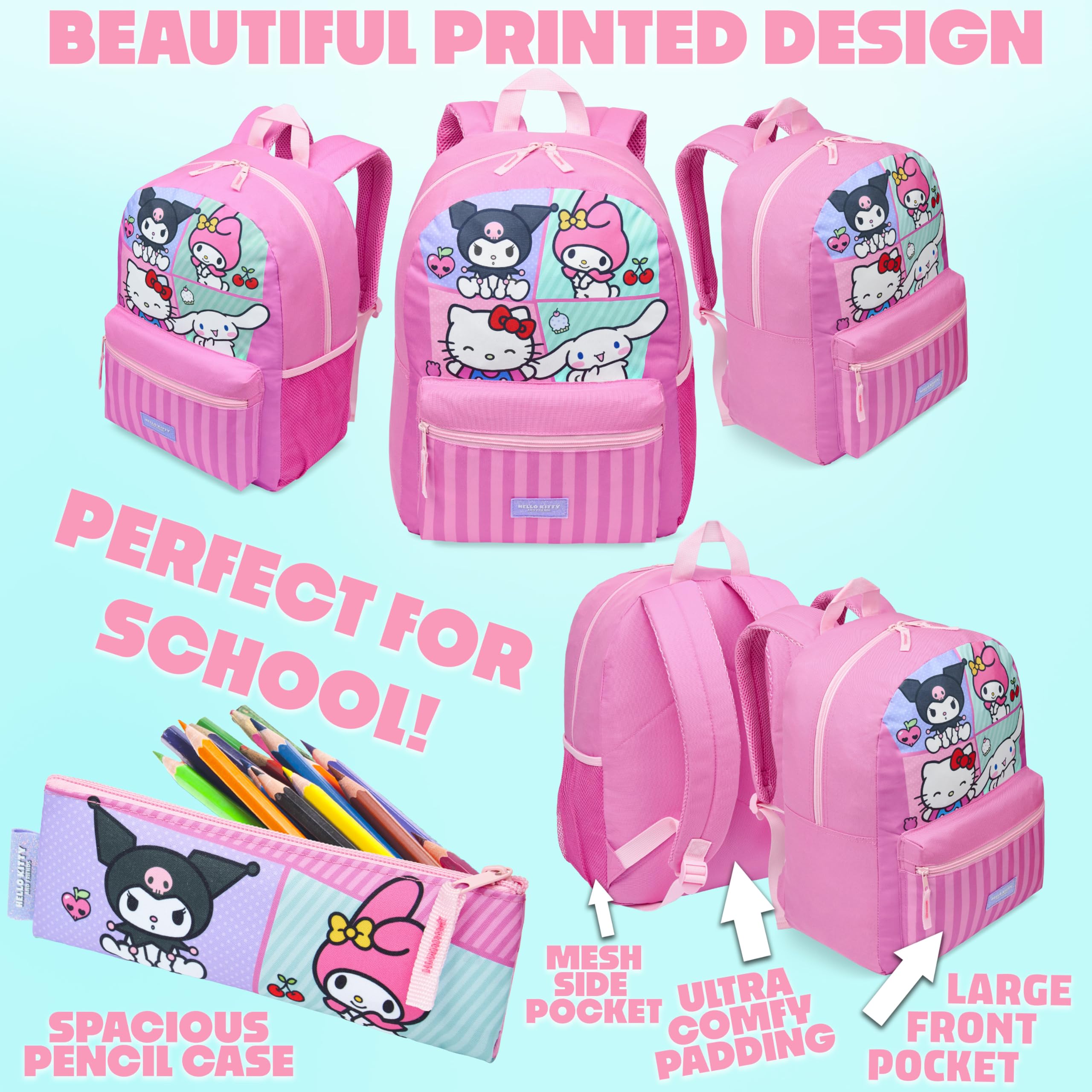 Hello Kitty Sanrio Sac à Dos Fille Kit Scolaire 4 Pièces Trousse Kawaii Sac Isotherme Repas Gourde 600ml Kuromi Cinnamoroll