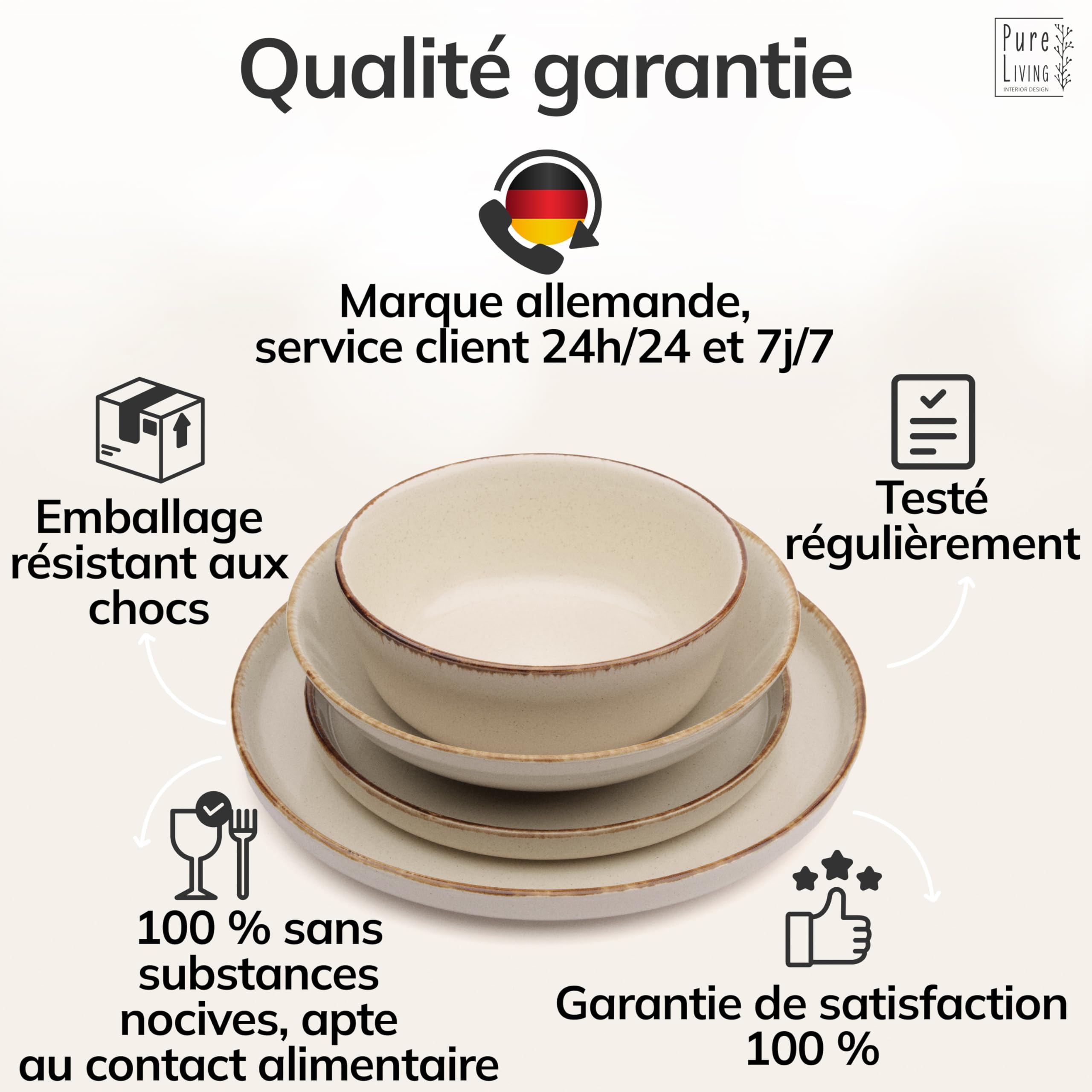 Pure Living Service de table en faïence rustique pour 6 personnes 24 pièces Vainqueur du test Style maison de campagne Service de table en faïence de qualité supérieure Beige