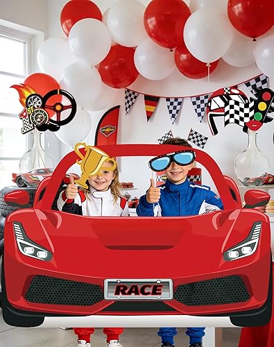Miniatura 8 de Juego de accesorios para cabina de fotos de autos de carreras, soporte de cartulina roja para fiesta de cumpleaños, baby shower, suministros