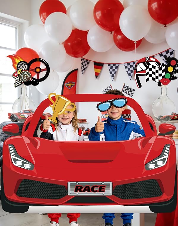 KARAQY Race Car Photo Booth Props Set - Red Racing Car Cardstock Standee for Birthday Party, Baby Shower, Photography Supplies by KARAQY - Used condition - Image 8
