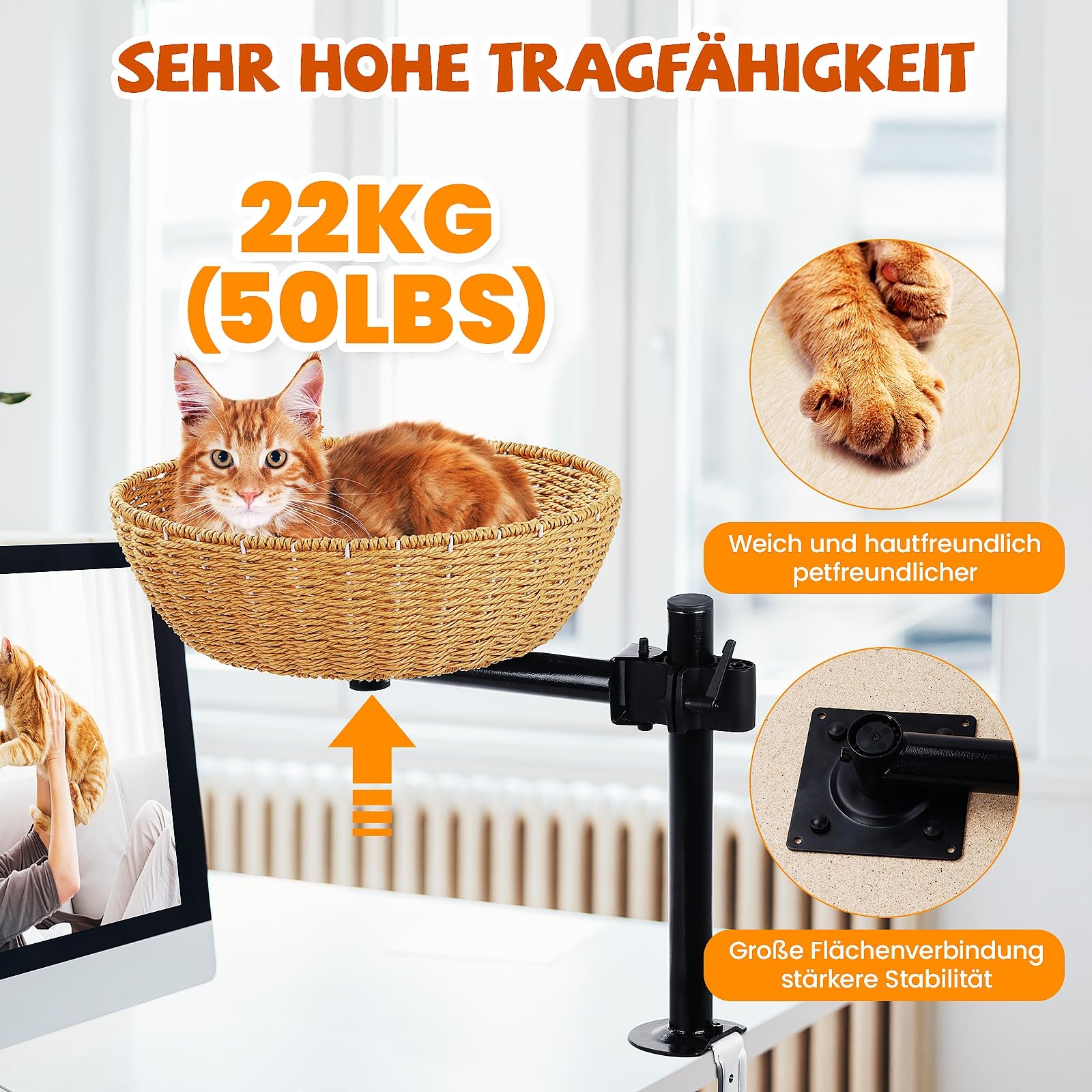 Katzenbett für Schreibtisch - 360°Drehung, verstellbare Höhe Kein Bohren Erhöhtes Katzenhaus über Schreibtisch Hält Kätzchen Katze nah und Arbeitsbereich Klarer Tisch-Katzenbett mit Haustier-Kissen