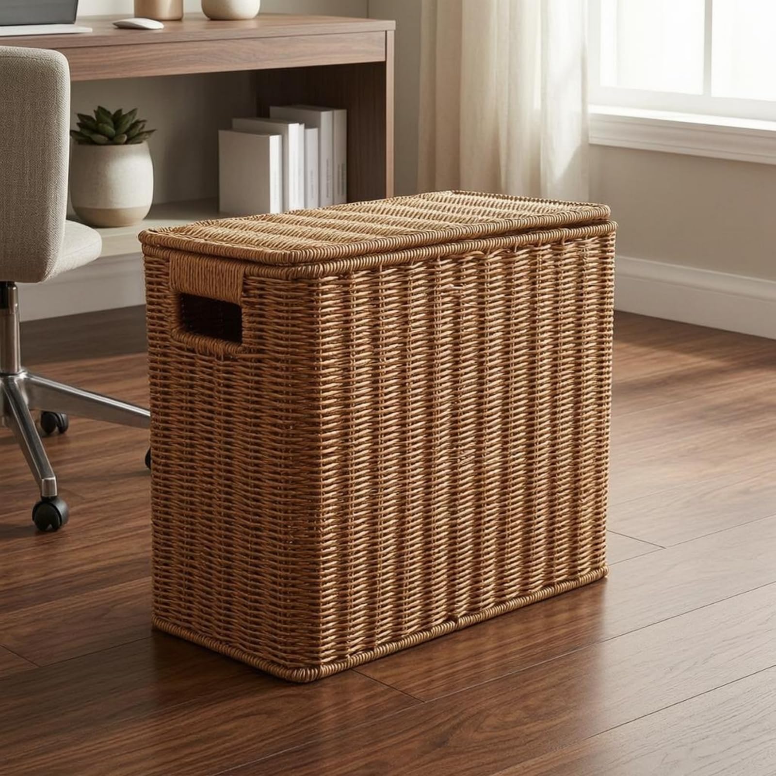 Contenant de Rangement d'Angle Panier Porte-revues Tressage Imitation Rotin Structure Métal Renforcé avec Couvercle et Poignées Adapté pour Salon, 48cm X 18cm X 33cm, Grand Noyer