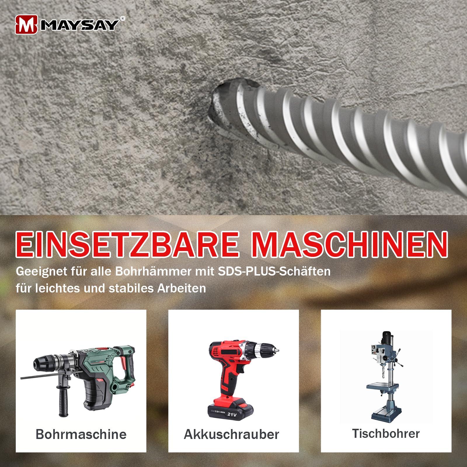 Maysay SDS Plus - Broca para martillo perforador (35 x 600 mm, con 4 cuchillas de metal duro), para piedra, hormigón, madera, ladrillo y azulejos