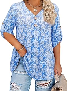 Siddhe Womens Plus Size Tops Button 3/4 Sleeve V Neck Dressy Casual Blouses