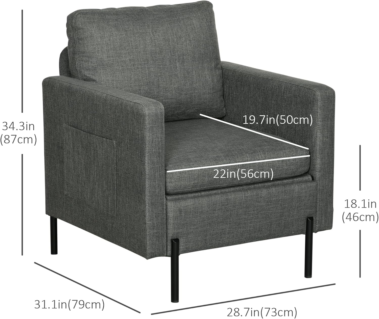 Diagram showing the dimensions of the HOMCOM Fabric Accent Chair