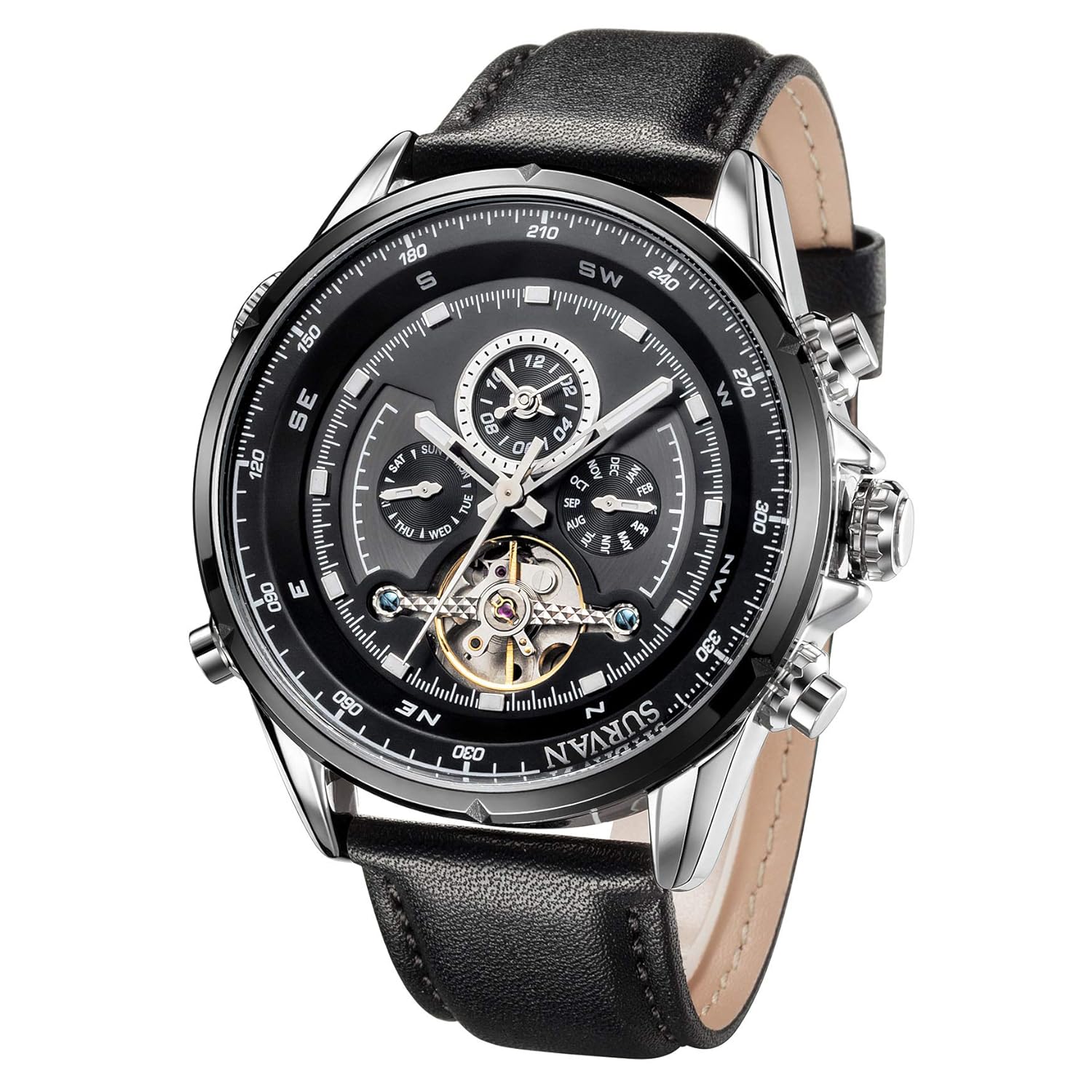 SURVAN WatchDesigner Men's Automatic Dual Time Zone Mechanical Skeleton Watch Genuine Leather