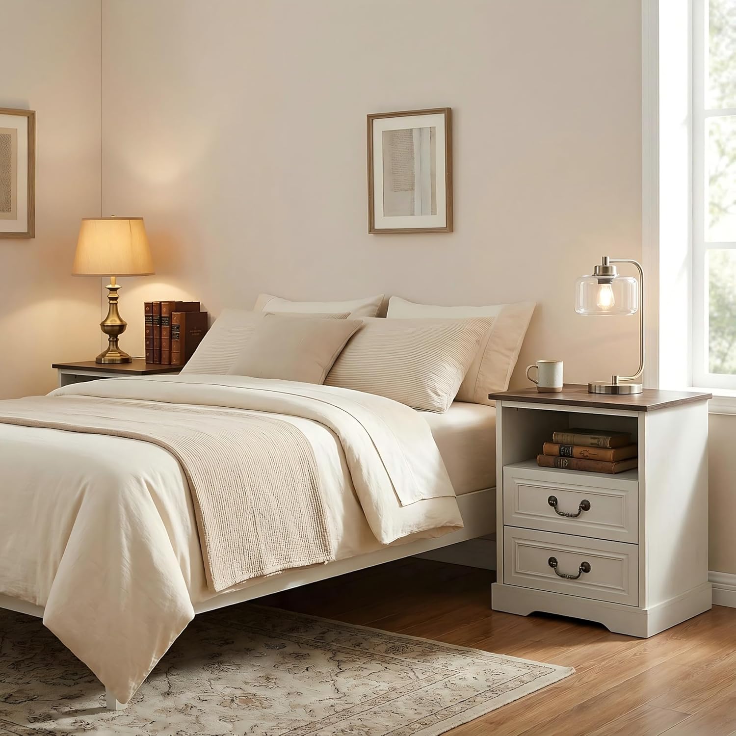 Farmhouse Nightstands Set of 2 with Charging Station, Vintage Bedside Table Set of 2 with Drawer & Open Shelf &Outlet & USB, Rustic End Tables for Bedroom, Antique White with Brown