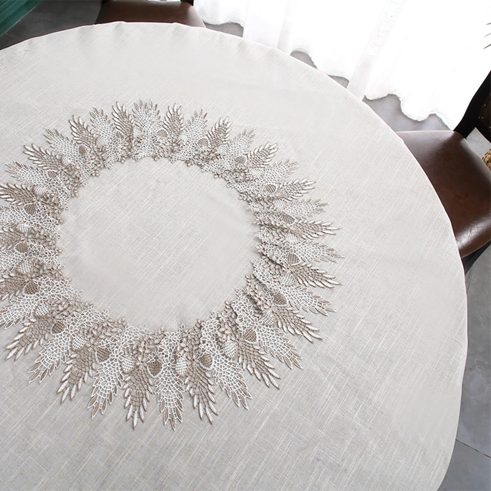 Tovaglia rotonda beige, pizzo floreale in lino, 150 cm