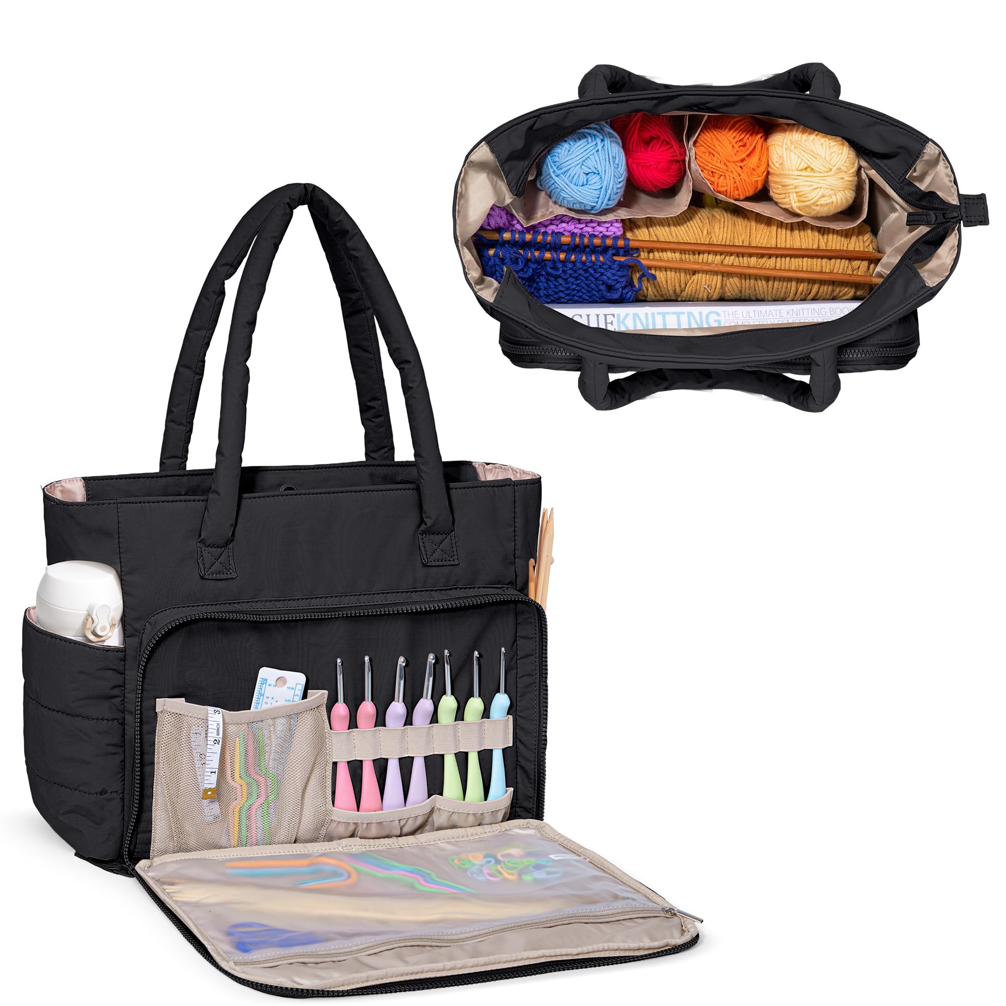 Teamoy Knitting Bag Tote, Puffer Yarn Bag, Crochet Bag Organizer for Yarn Storage, Yarn Holder for Crocheting, Black (Bag ONLY)