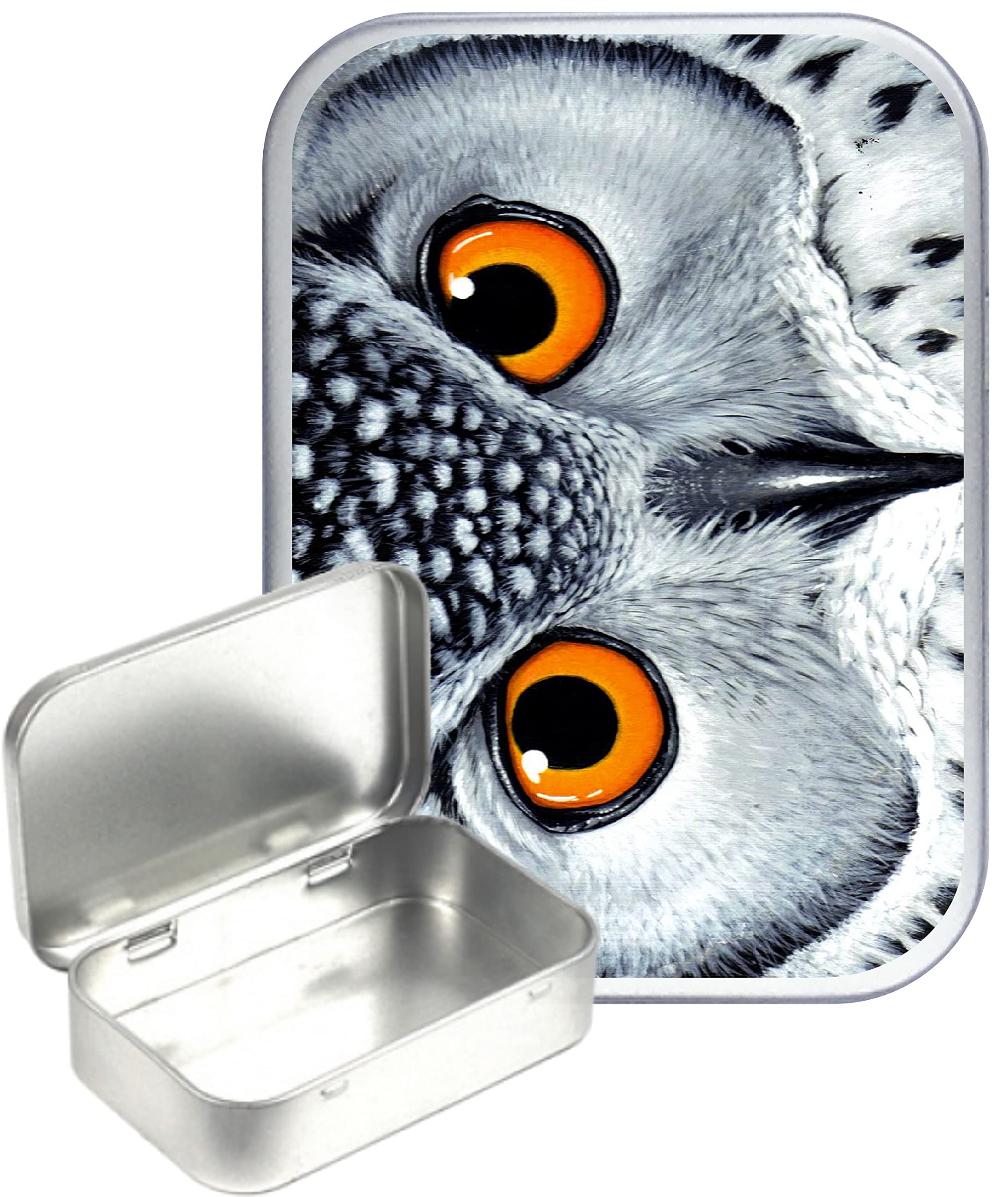 Teez Silver Owl Eyes Hinged Tin,Small 30Ml Tin, Pill Tin, Pocket Tin, Gift Box, 1Oz Tobacco Tin