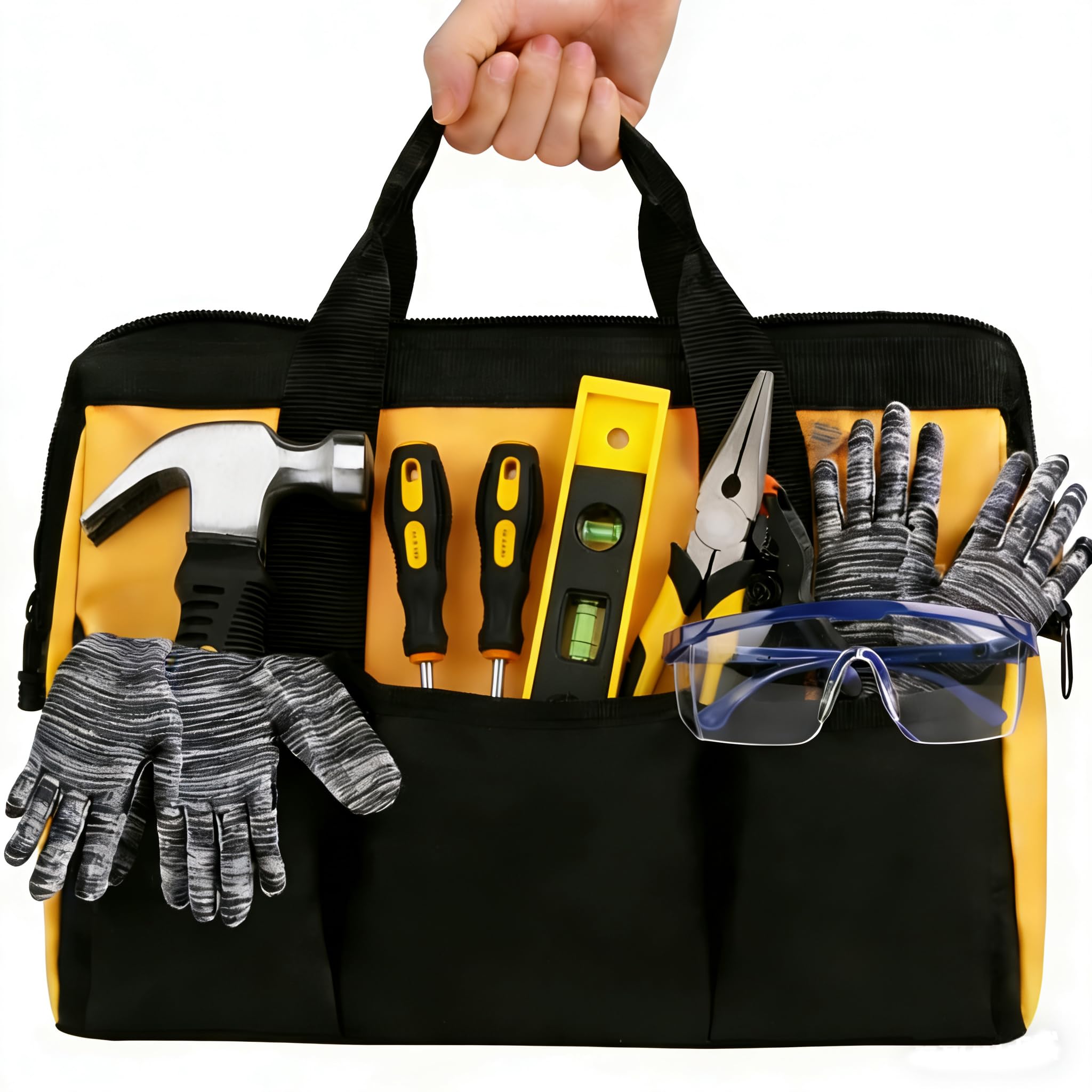 Set di attrezzi veri per bambini, 24 pezzi, strumenti per la lavorazione del legno con borsa degli attrezzi, include martello da carpentiere, pinze, cacciaviti, livella, occhiali di sicurezza