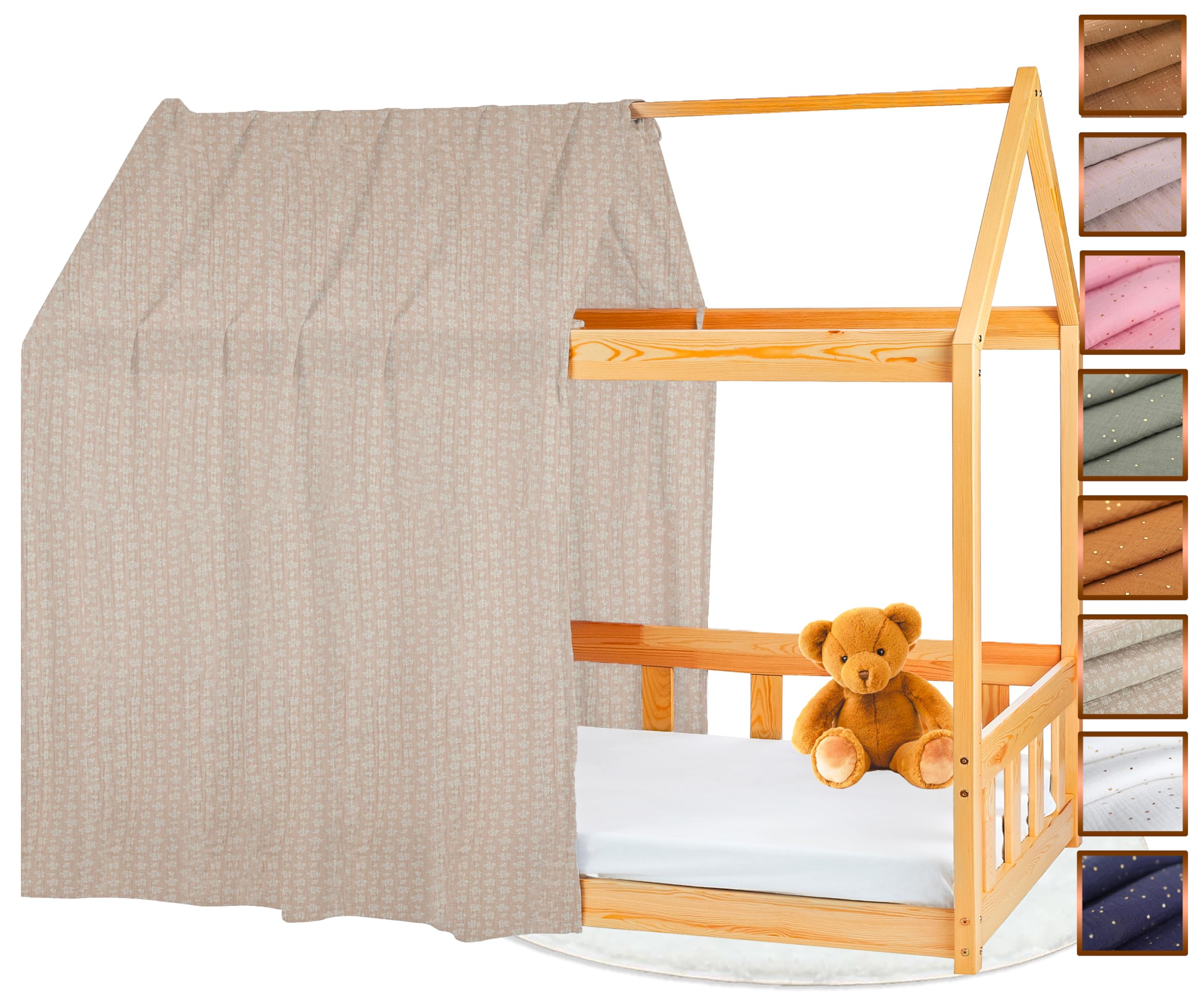 Toile de Lit Cabane 100% Coton - Ciel de Lit Cabane pour Lit Montessori 80x160, 90x200 cm - Tissu Oeko-Tex Gots (Beige Feuillage, 120 x 370 cm)