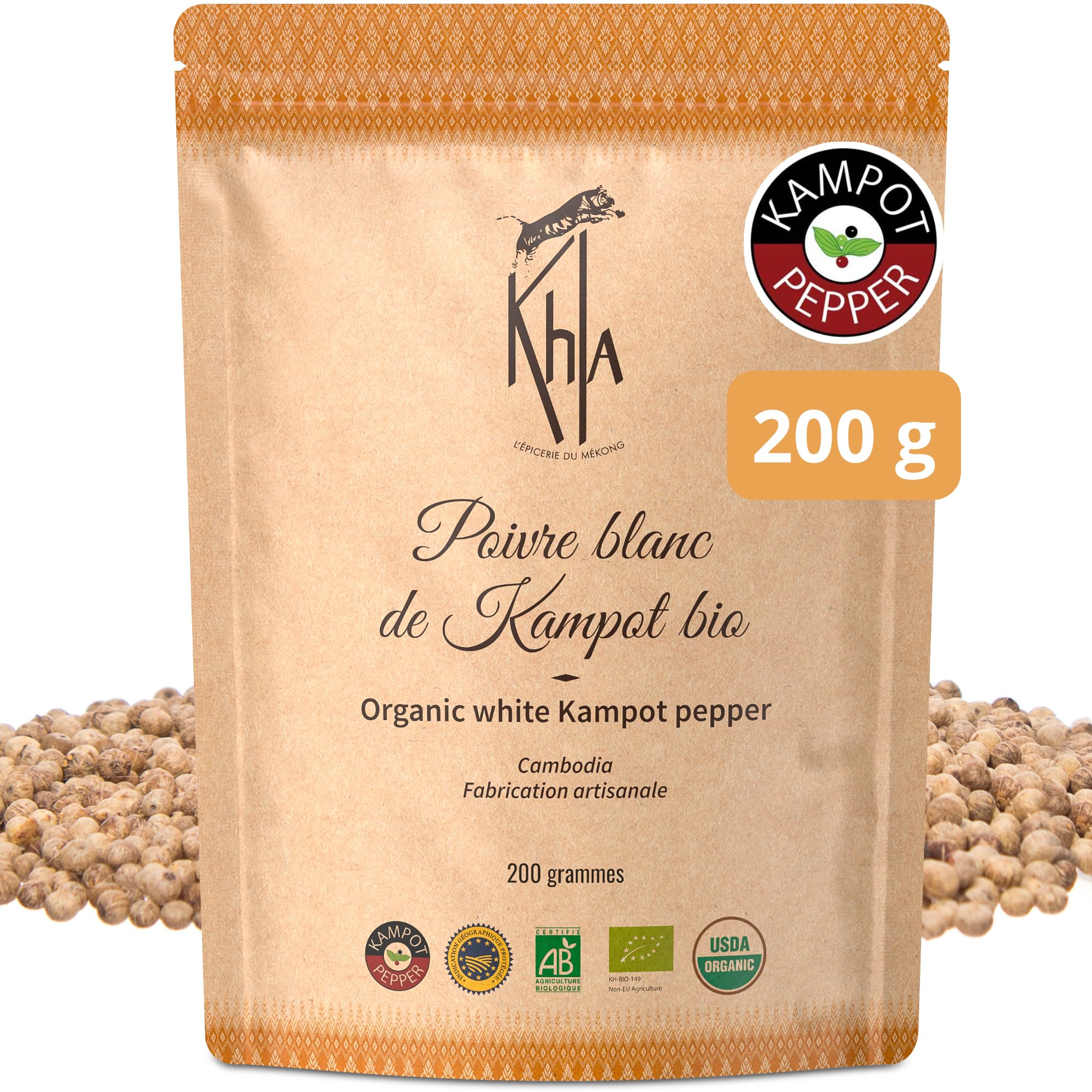 Khla - Pimienta Blanca de Kampot Orgánica 200g - Pimienta en Grano - Fuerte y Potente - Ingrediente de Cocina - Directo del Productor - Especia Asiática - Origen Camboya