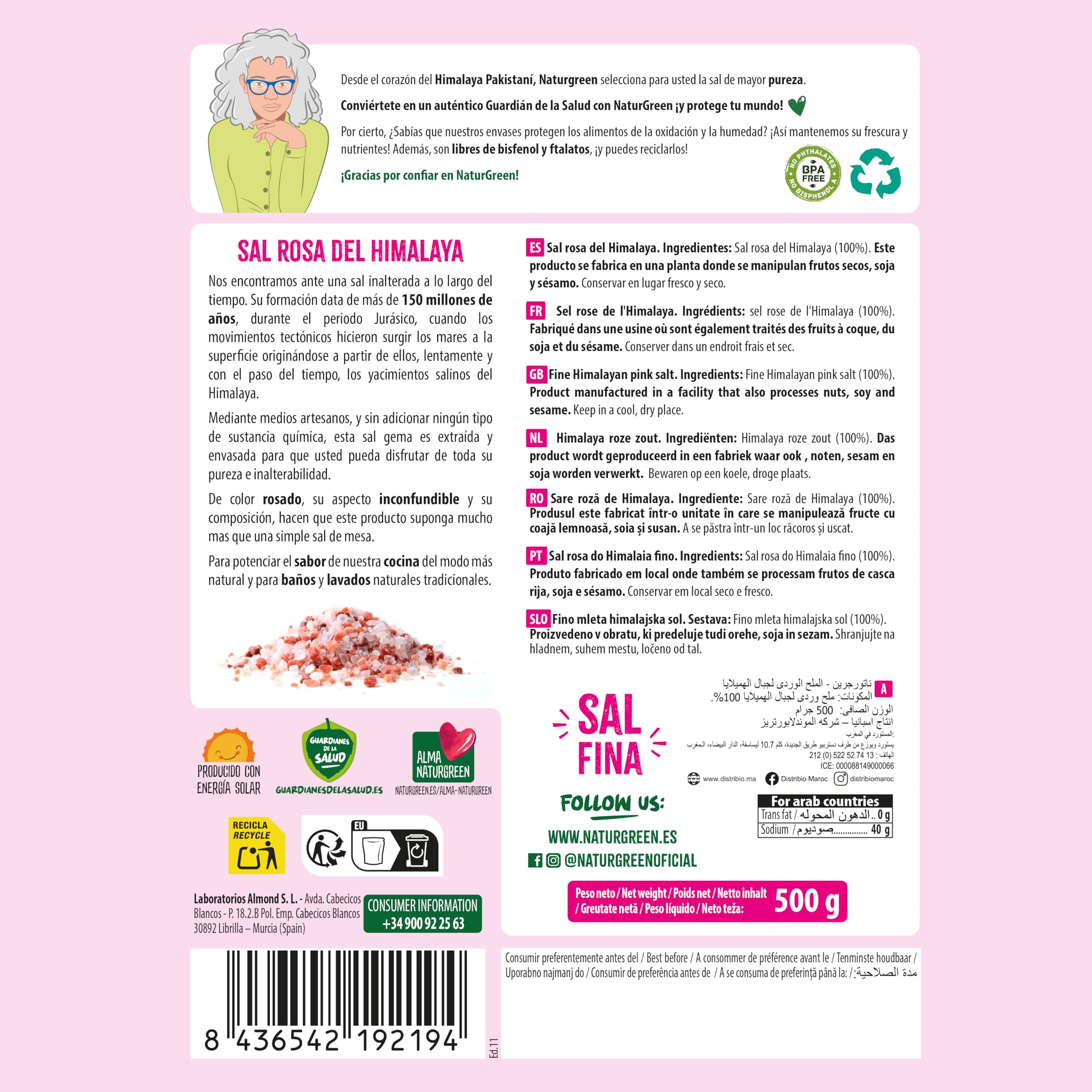 NaturGreen - Sal Rosa del Himalaya Fina Pack 10 x 500 g, Mineral 100% Pura y Natural, Sin Refinar, Sin Aditivos, Envase con Cierre ZIP, Calidad Gourmet, Ideal para Cocina Diaria