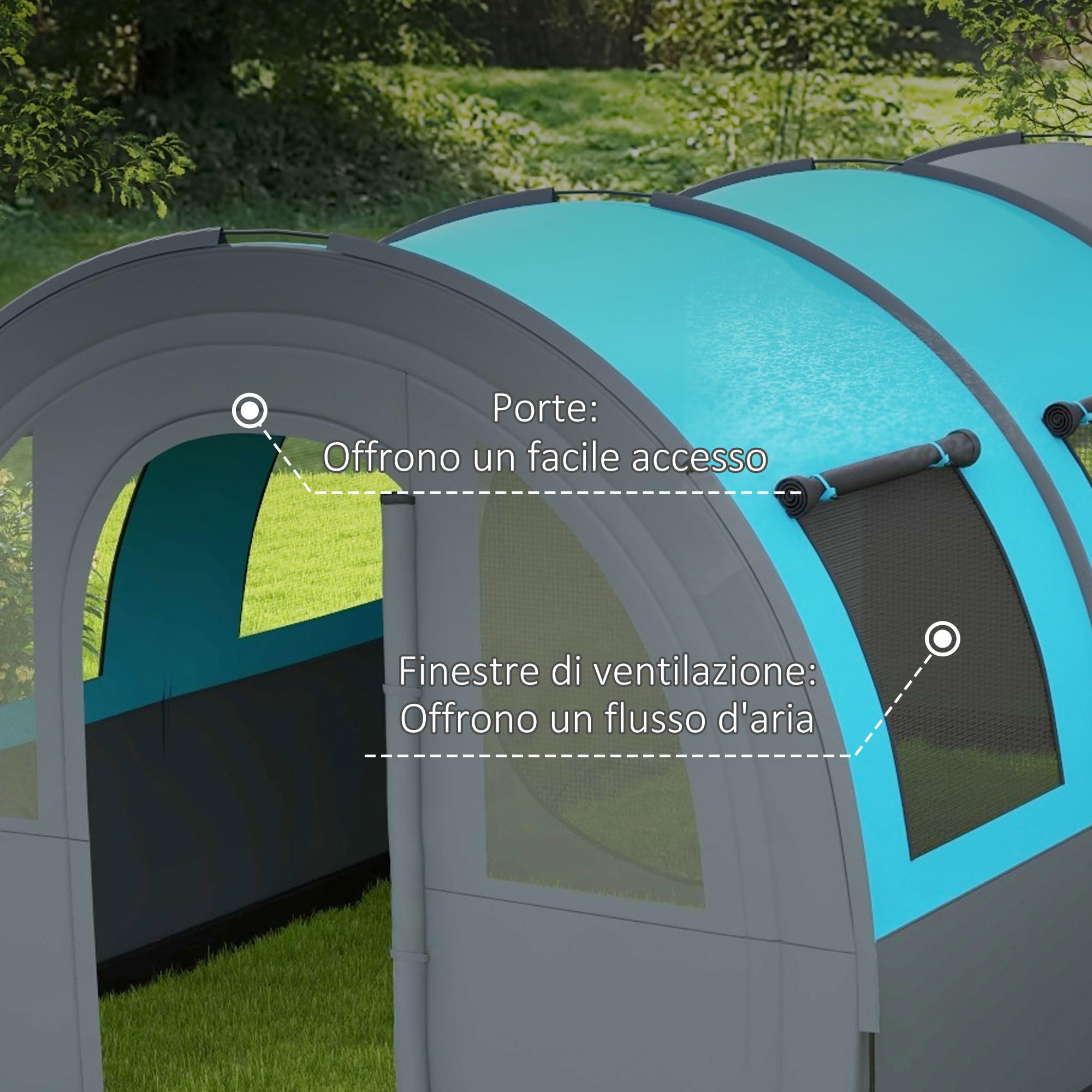 Outsunny Tenda da Campeggio 5 Posti Impermeabile con Zona Notte e Zona Giorno Separate, tenda Trekking in Poliestere, 480x260x200 cm, Grigio e Blu