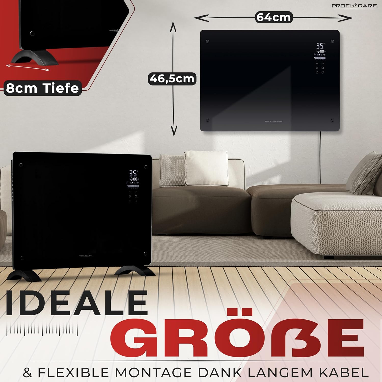 ProfiCare PC-GKH 3118 heater with dimensions 64cm width, 46.5cm height, 8cm depth