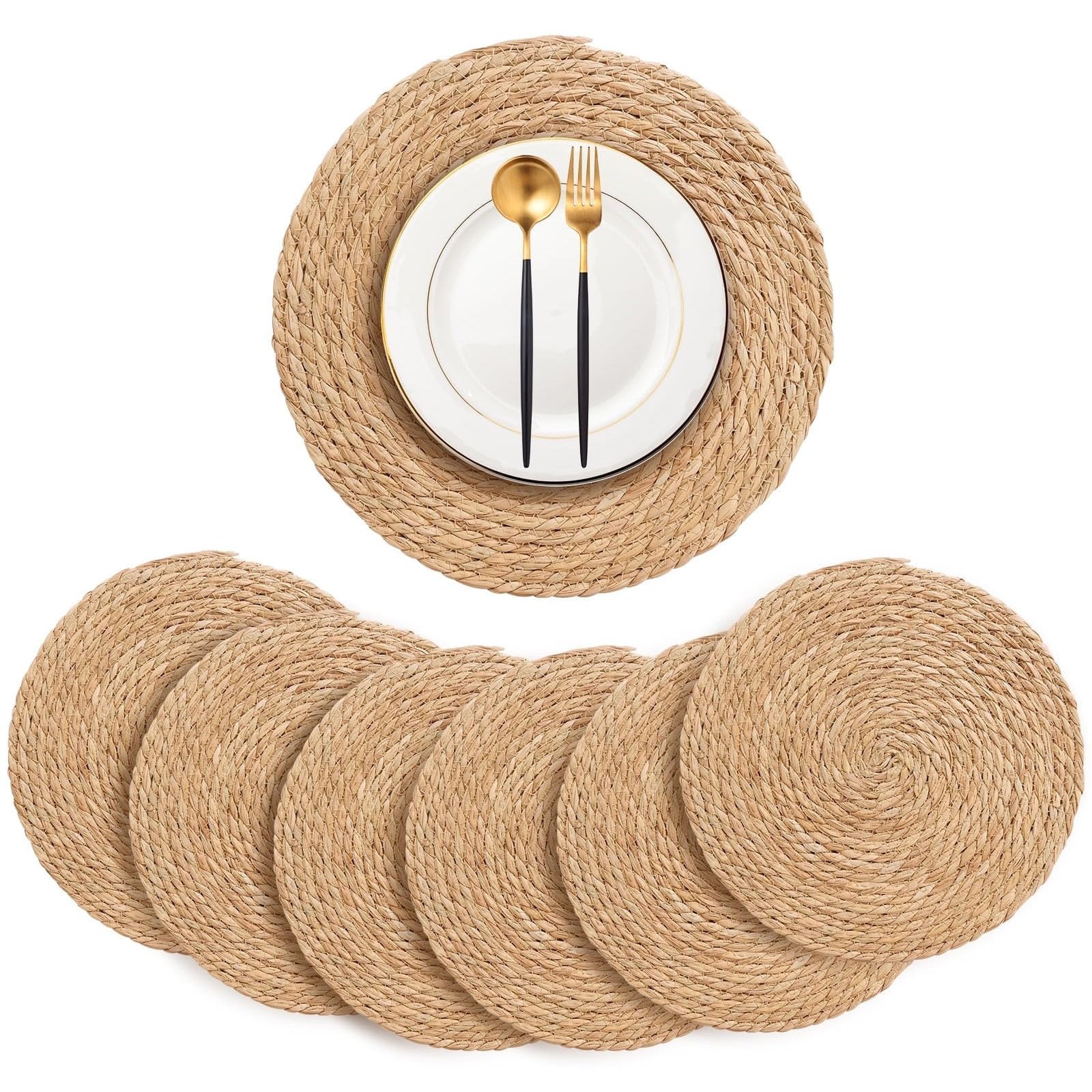 Set of 6 Round Woven Placemats - 30cm Rattan Placemats, Handmade Weave Cattail Placemat, Natural Straw Dining Table Mats Round Wicker Place Mats, for Dining Table Kitchen Restaurant Home Party