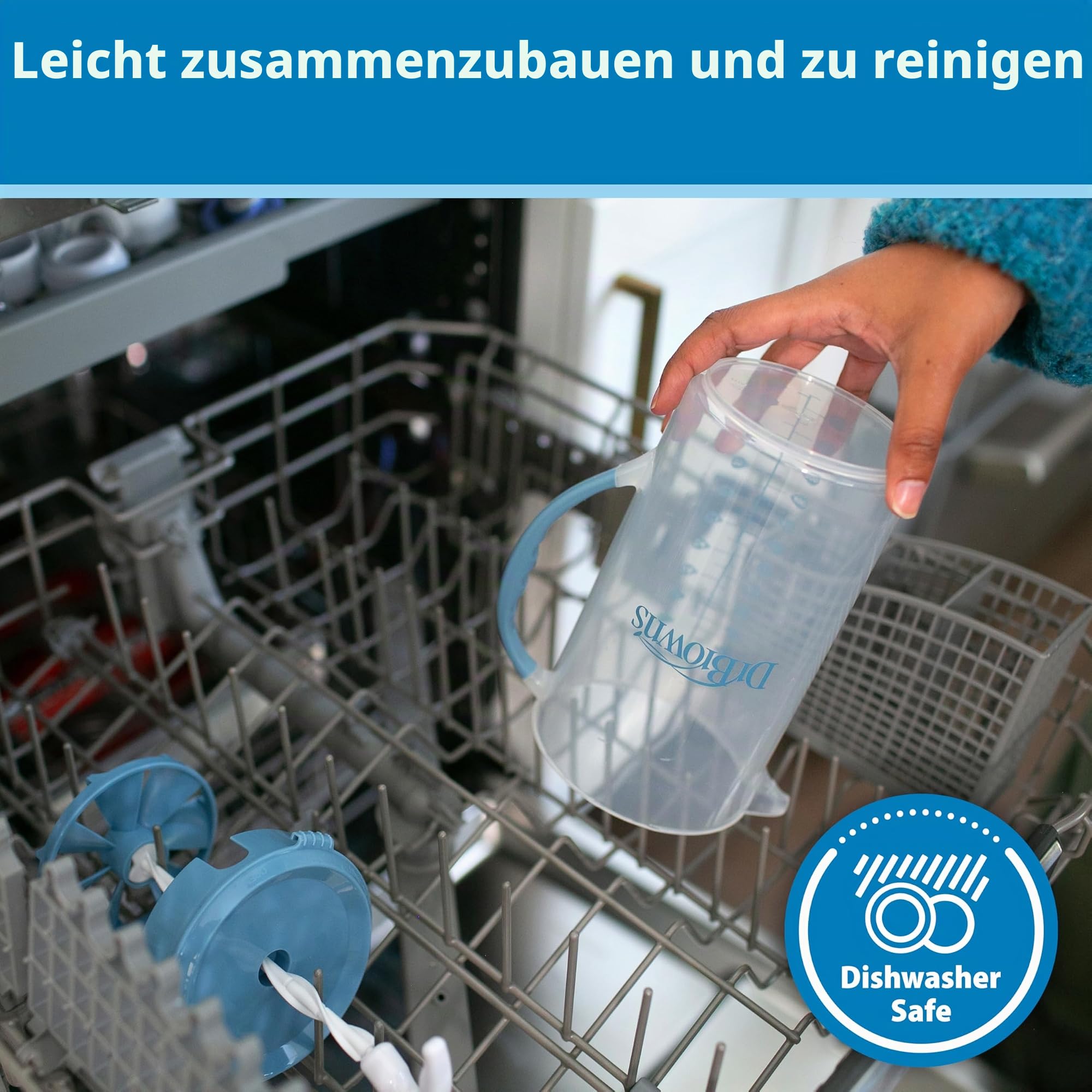 Dr. Brown's Baby Formula Rührkrug mit verstellbarem Stopper, verschließbarem Deckel und tropffreiem Auslauf, 900 ml, BPA-frei, Blau