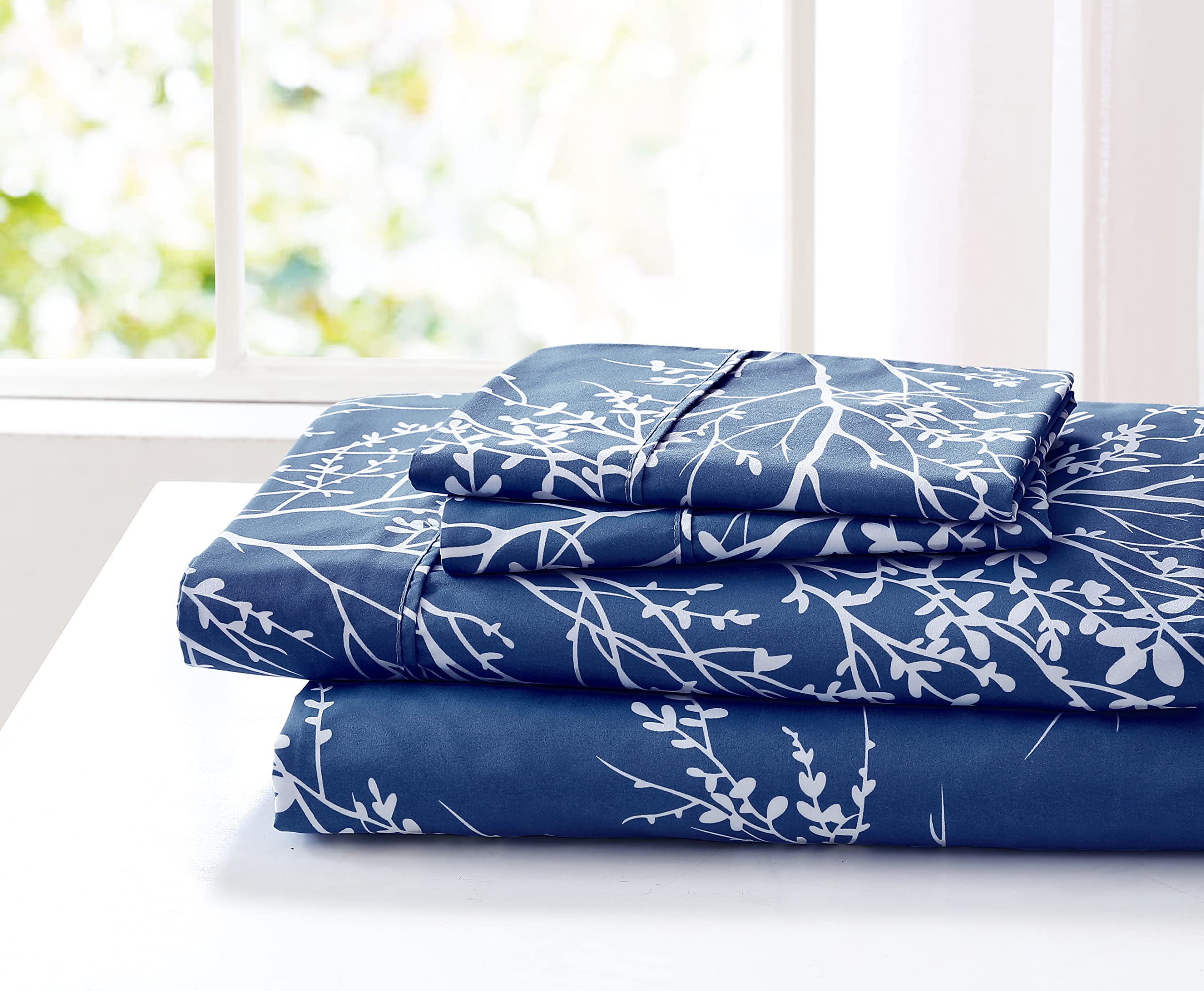 SL SPIRIT LINEN HOME EST. 1988Bed Sheets Set - Beautiful Foliage Design Bedding, Soft Microfiber Sheet with Fitted Sheet and Pillowcases (Full, Navy/White) (365501)