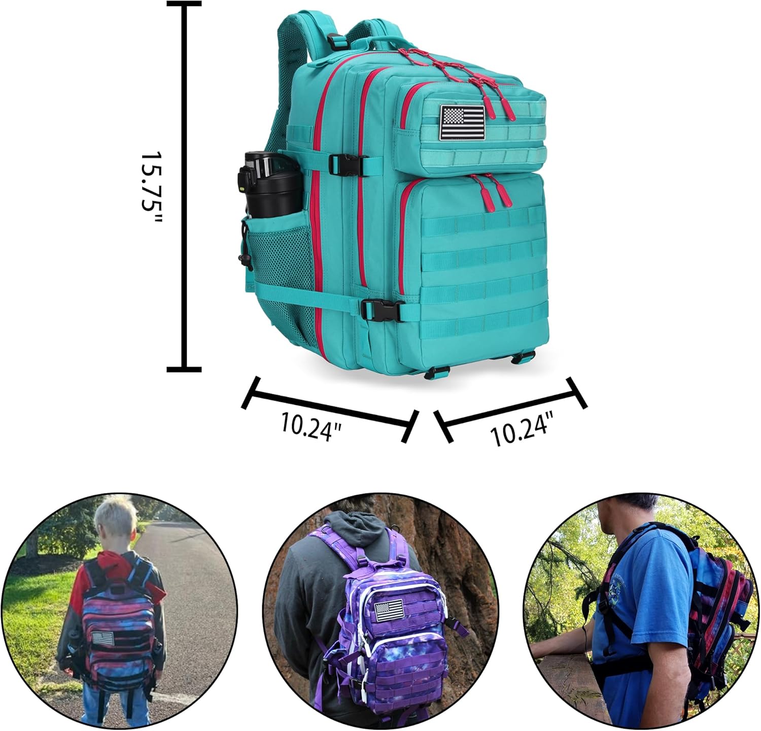 25L Tactical Military Backpack Small Travel Rucksack for Men and Women Assault Pack Bug Out Bag Molle Daypack Gym Backpack with Bottle Holder (Neon Teal) - Image 2